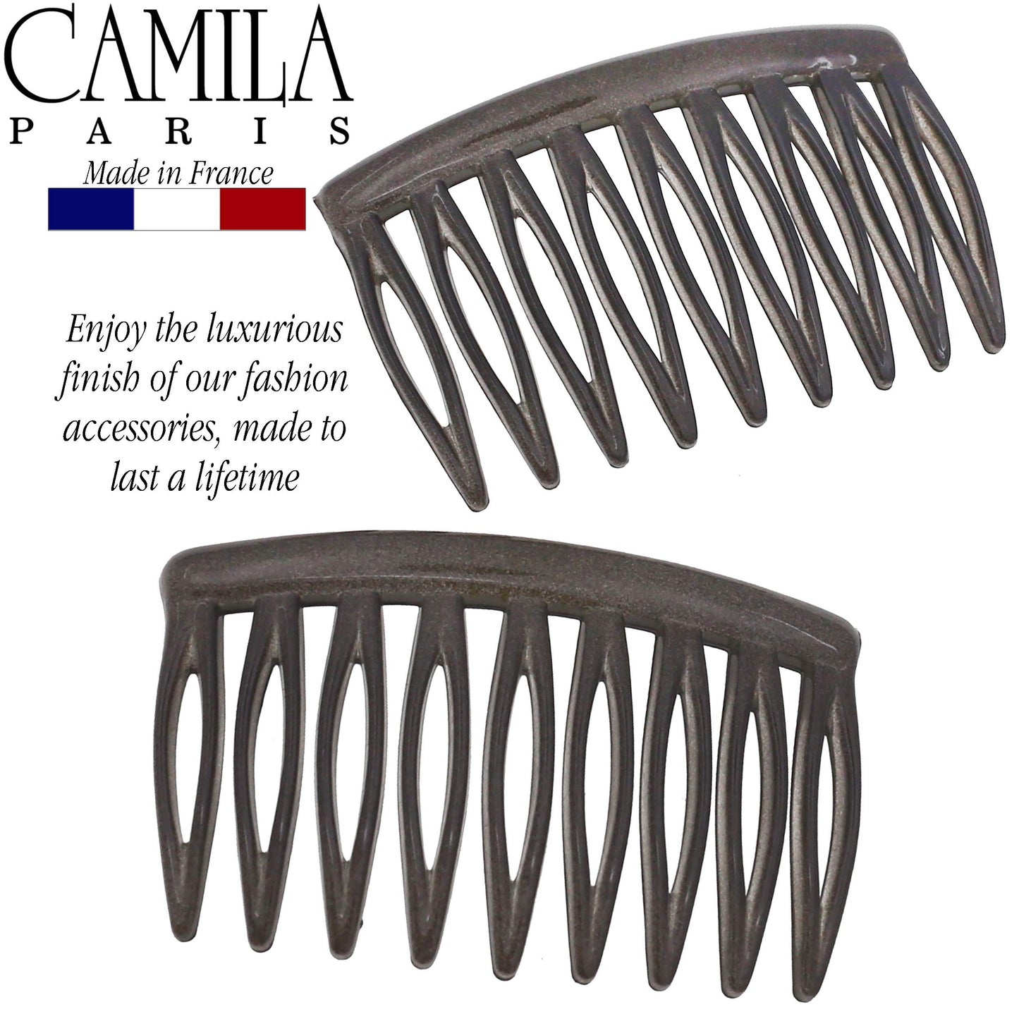 Camila Paris CP3110 French Hair Side Comb, Small, Curved Gray French Twist Hair Combs Decorative, Strong Hold Hair Clips for Women Bun Chignon Up-Do Styling Girls Hair Accessories, Made in France