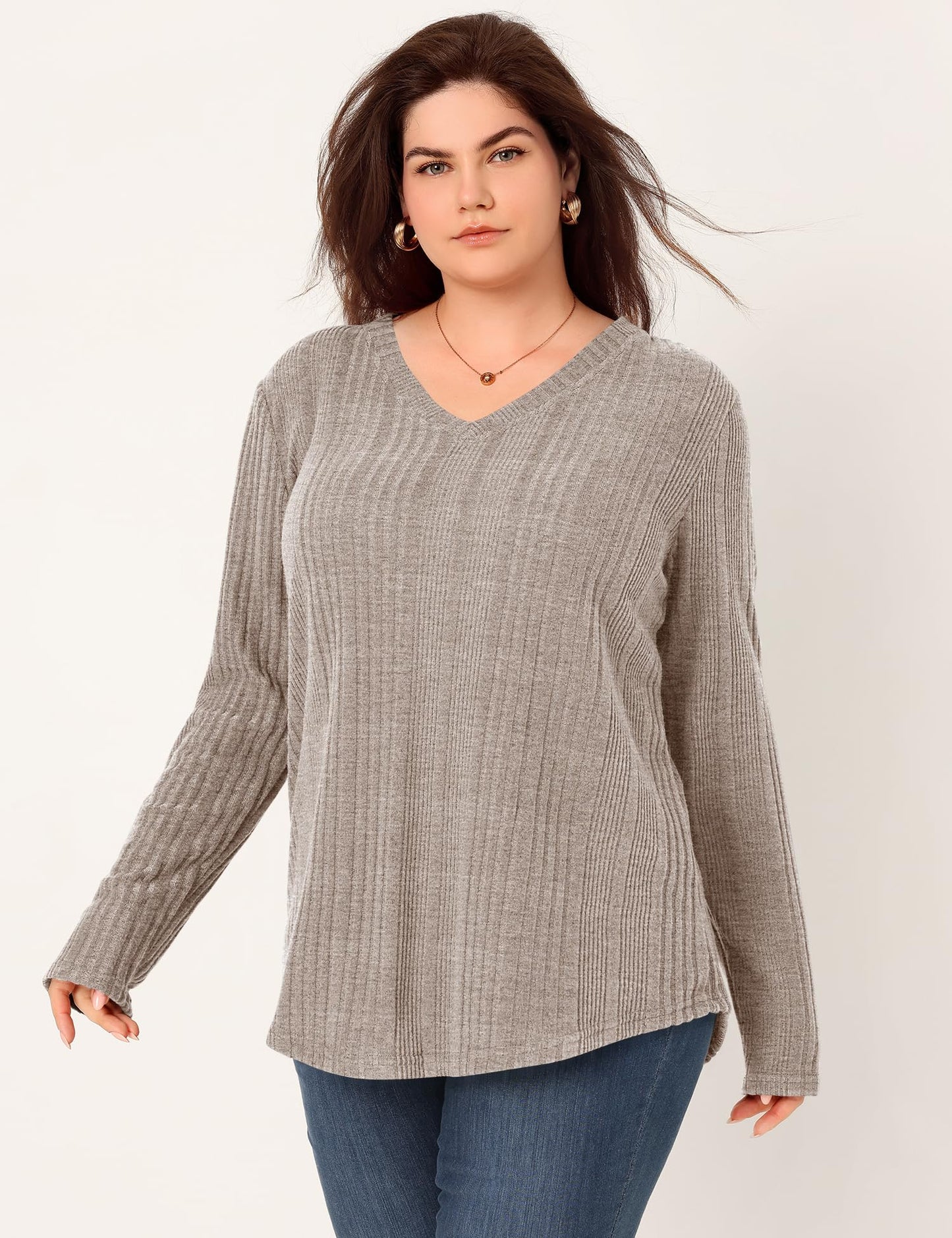 Rapbin Plus Size Long Sleeve Tops for Women Knitted V Neck Sweaters for Women Lightweight Sweatshirt Winter Khaki XXL