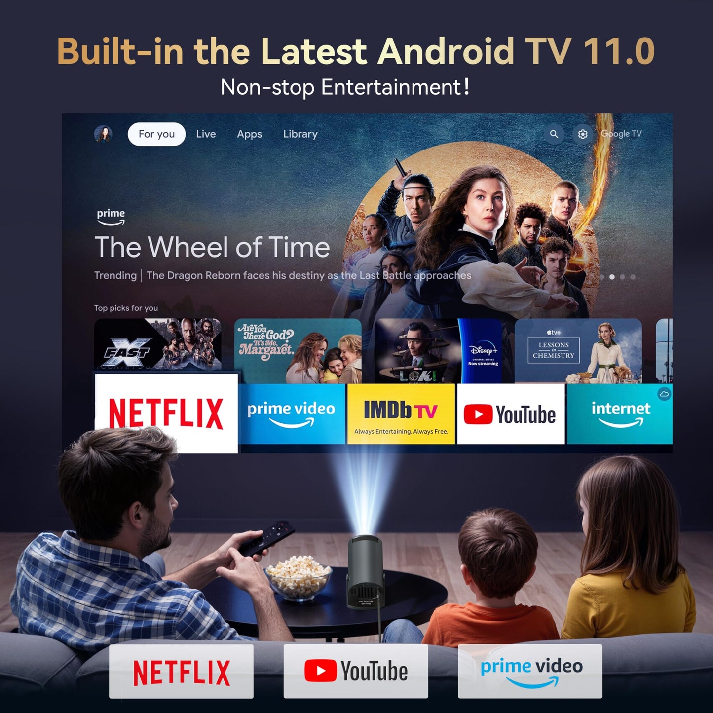 Polocsh Mini Projector Built in Android TV 11.0 Portable Smart Projector with Wifi and Bluetooth 210°Rotatable 1080P Support Short Throw Outdoor Auto Keystone 40''-150'' Screen Home Theater Projector