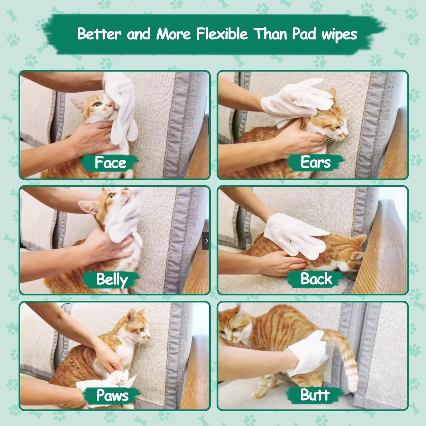 CHPPEY Pet Cleaning and Deodorizing Bathing Grooming Glove Wipes for Dogs and Cats, Extra Thick Nourish Fur No-Rinse Grooming Wipes for Daily Care and Travel, Hypoallergenic, 10 pcs