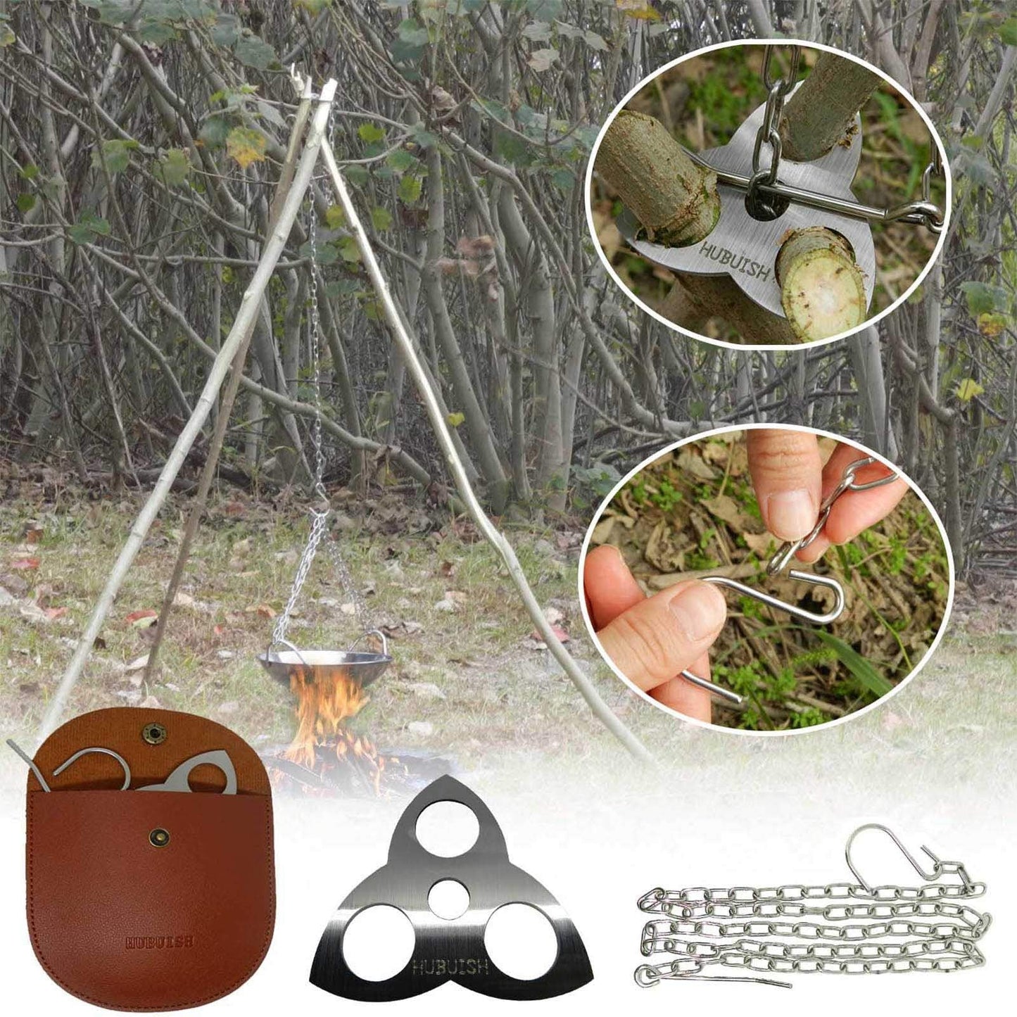 Camping Tripod Board - Campfire Tripod, Camping Tripod for Cooking, Turn Branches into Cooking Tripod, Portable Bushcraft Gear for Camper/Hiker Travel Outdoor Firepit Dutch Oven Tripod (Dark Brown)