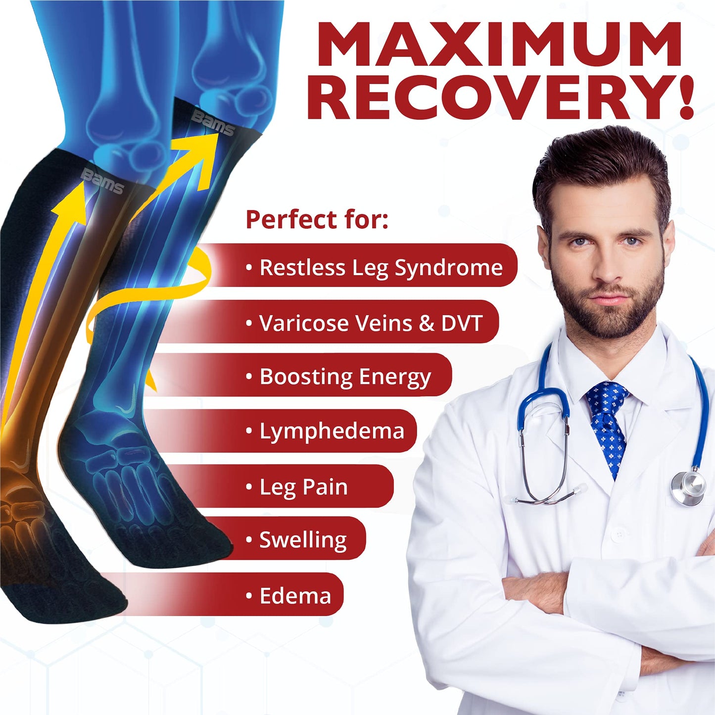 BAMS Plus Size Compression Socks Wide Calf XL XXL XXXL – Graduated Knee-High Support, Viscose from Bamboo Easy-On/Easy-Off (White, 3XL)