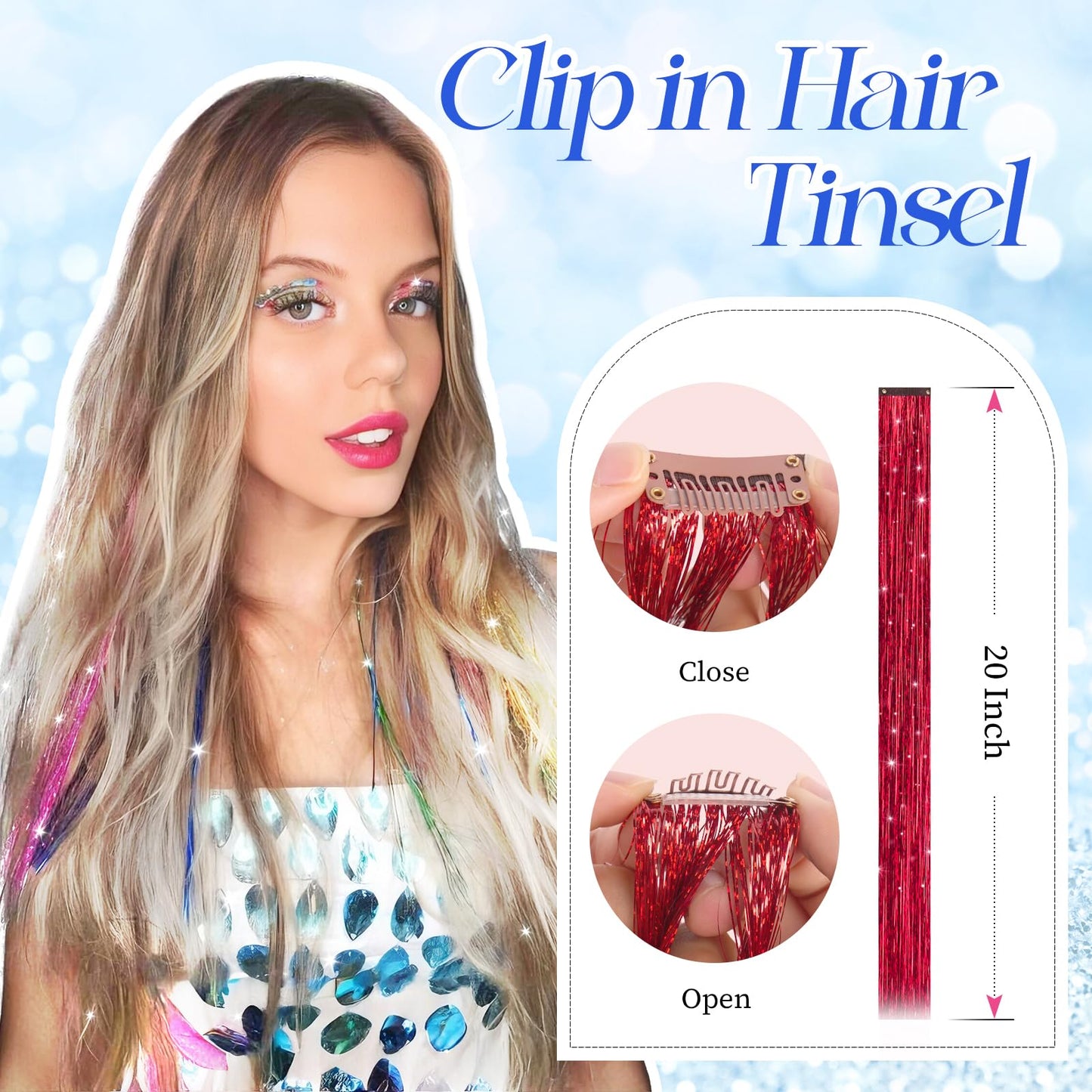 FESHFEN Clip in Hair Tinsel - 12 PCS Red Clip ins Glitter Tinsel Hair Extensions Sparkle Fairy Dazzle Colorful Accessories Kit for Women 20 Inch
