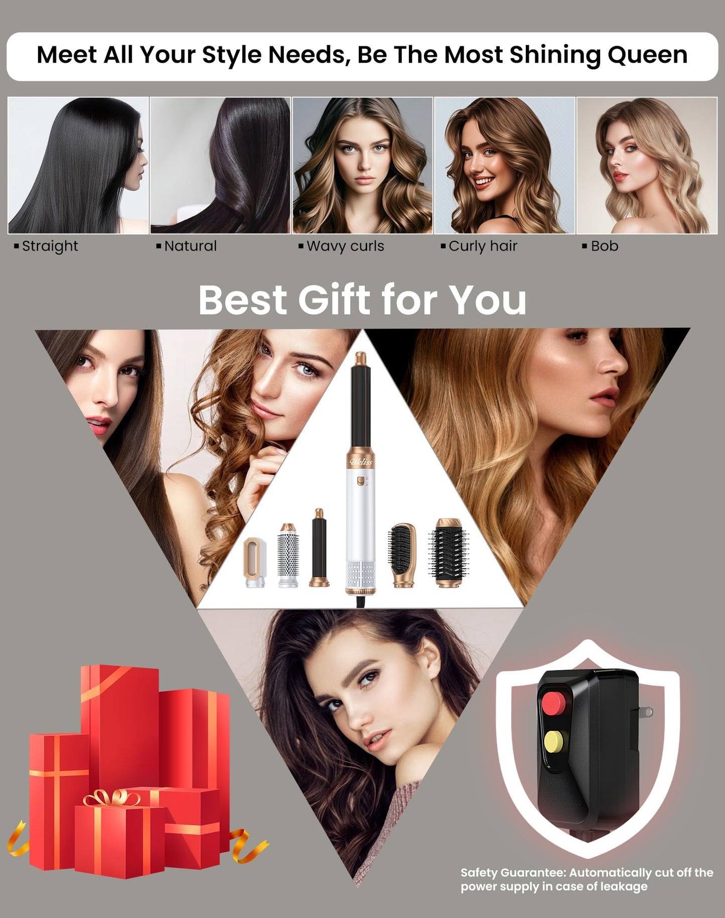 Ukliss 6 in 1 Blow Dryer Brush,Hair Dryer Brush with Ionic Technology, Multifunctional Styler Styling Tools, Auto Air Curler for Hair, Fast Styling for Most Hair Types, Safe ALCI Plug (White Gold)