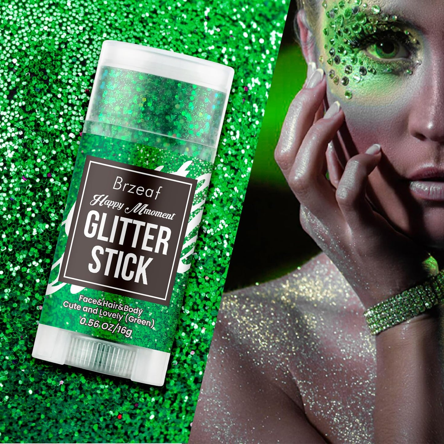 Brzeaf Waterproof Green Body Glitter Stick, Chunky Glitter for Face/Body/Hair/Eyes/Lip, Singer Concert Music Rave Festival, Glitter Stick Makeup & Face Glitter Gel for Women Men 0.56 OZ