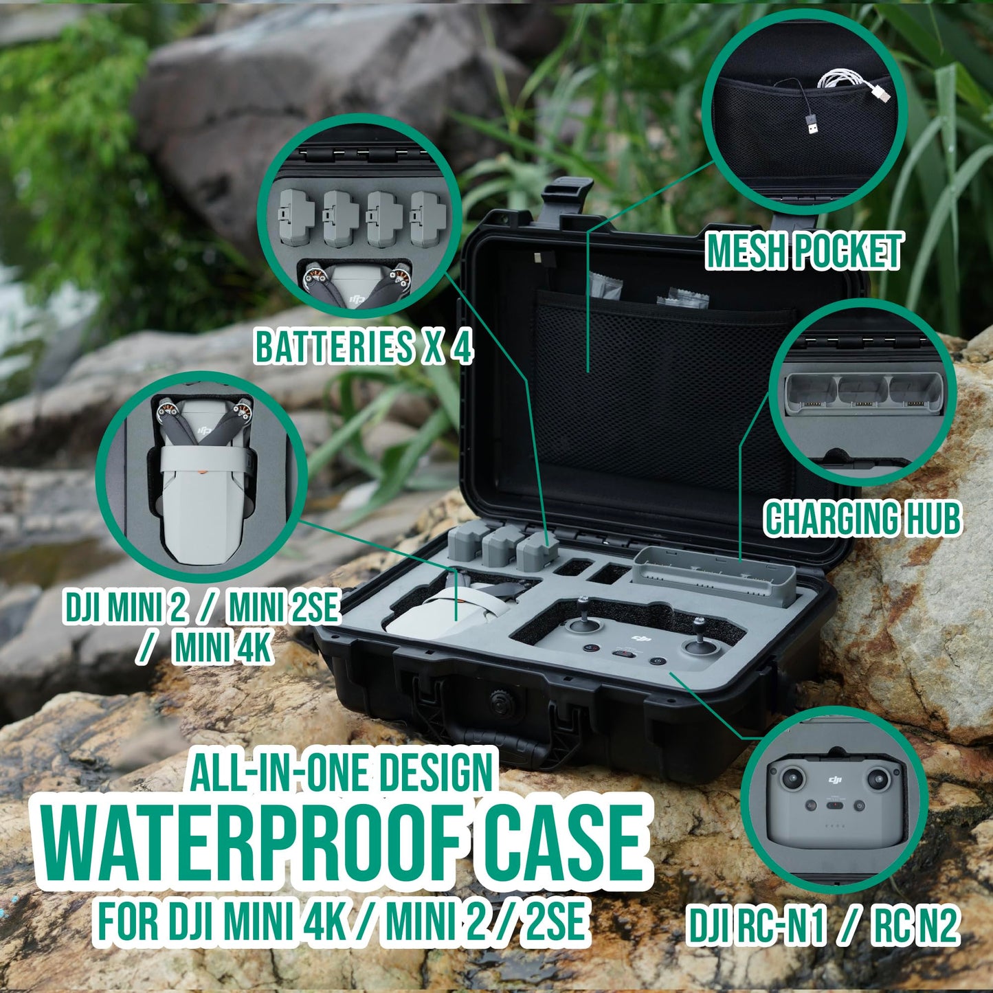 INNVO Waterproof Case for DJI Mini 4K Hard Carrying Case Compatible with DJI Mini 2 & 2SE Drone and Fly More Combo Set Black