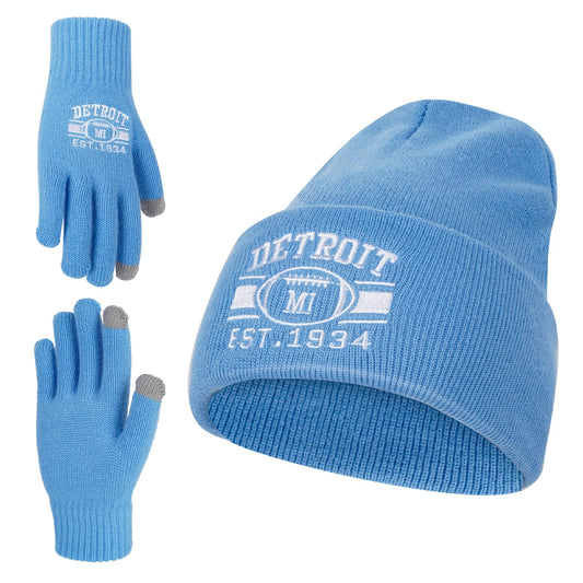 Classic City Football Fans Beanie Hat Embroidery Skull Cap Vintage Cuffed Knit Winter Hat with Warm Gloves Gifts for Men Women(Detroit,Sky blue)