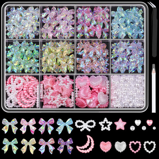600 Pcs 3D Nail Charms and Flatback Pearls Set 11, 8 Colors Shiny Nail Bows Charm + Pink&White Star Heart Moon Nail Jewels + 2-4mm White Nail Pearls for Nail Art DIY Decoration with Pickup Tools