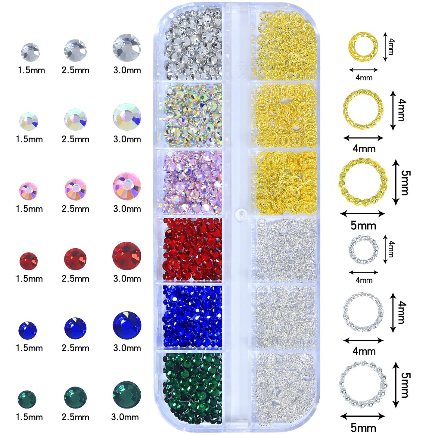 HNUIX Nail Charms Studs - 3D Multiple Colors, Flat Back Rhinestones, Caviar Beads, Round, Gold Silver, with Kit, for Nail Art