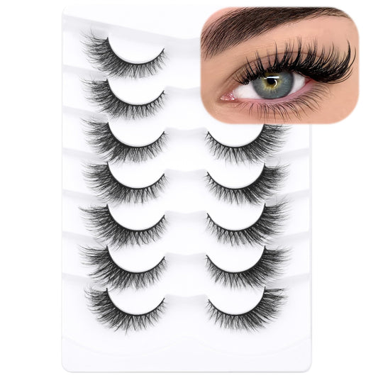 False Eyelashes Cat Eye Lashes Natural Fluffy Eyelashes Wispy Strip Lashes Mink Volume Fake Eyelashes 7 Pairs Natural Lashes Cat Eye ALICROWN