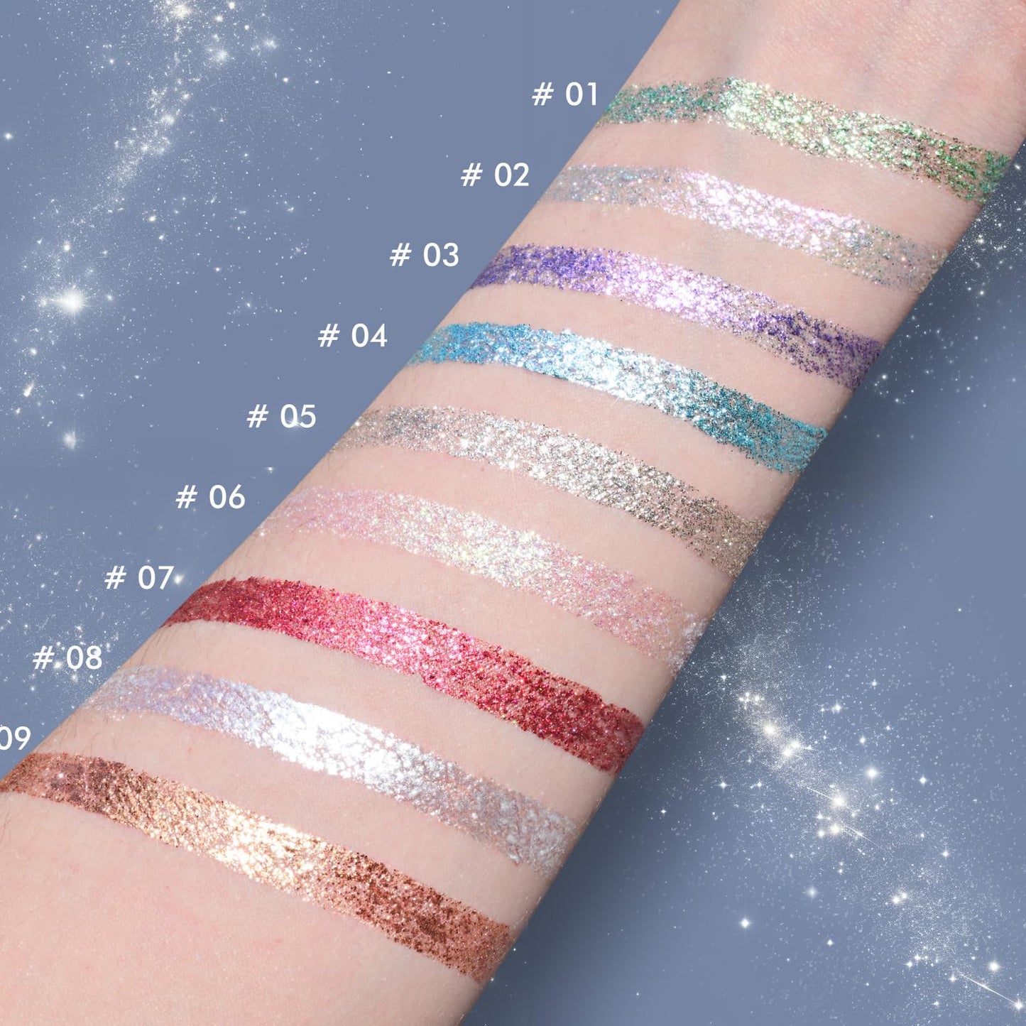 CHARMACY 3Pcs Liquid Glitter Eyeliner Set, Metallic Shimmer Glitter Eyeshadow, Lightweight Waterproof Texture, Long Wearing, Quick Drying, Colorful Sequins (Indigo Gold White Green)