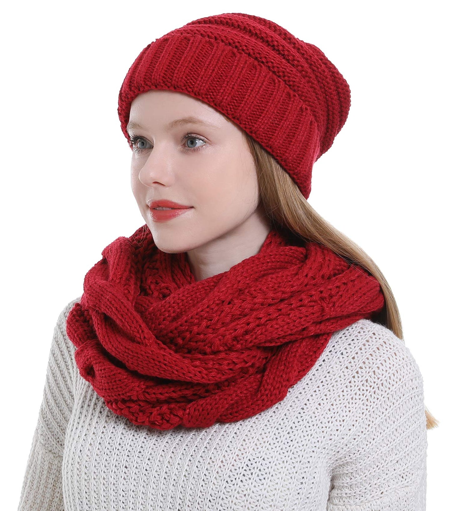 Double Couple 3pcs Winter Beanie Hat Scarf and Touch Screen Gloves Set for Women Knit Hat with Faux Fur Ball Scarves Glove