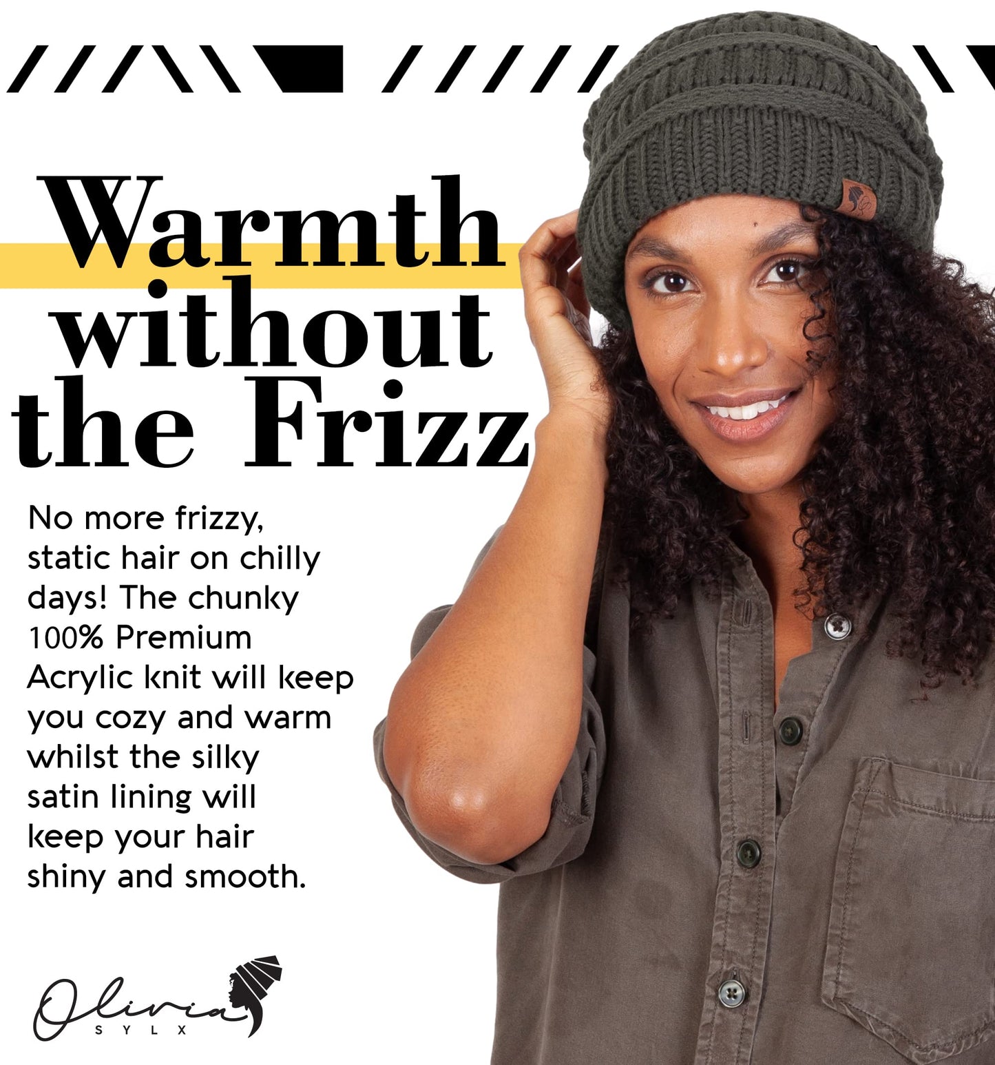 Olivia Sylx Satin Lined Beanie for Women - Satin Beanie,Silk Beanie, Satin Lined Winter Hats for Women & Slouchy Beanie Army Green