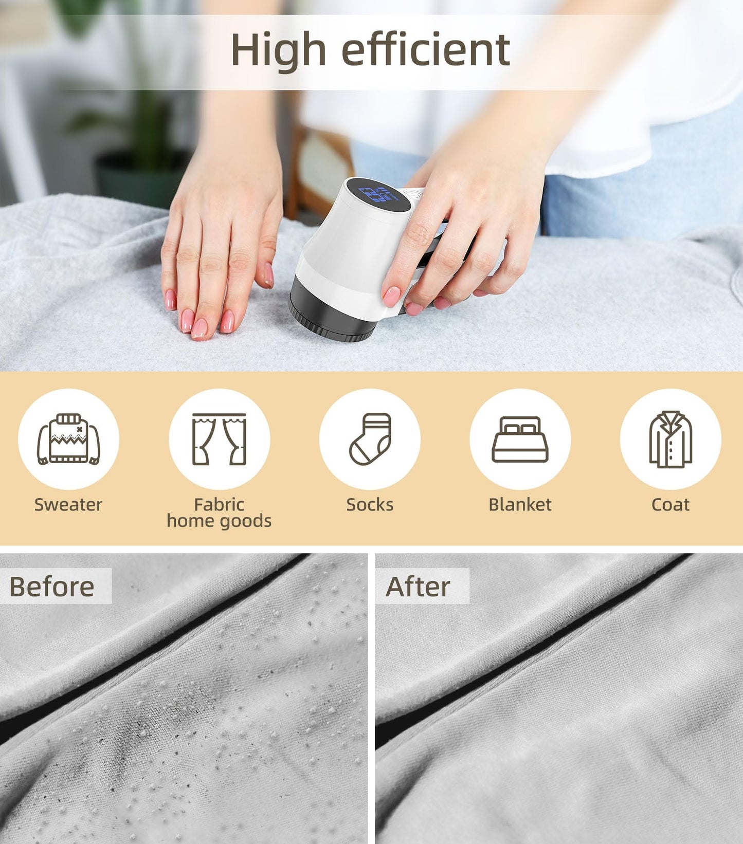 CuieTuee Fabric Shaver Rechargeable Electric Lint Remover Lint Shaver Sweater Shaver Pilling Remover with Led Digital Display 3-Gears Adjustable 6-Blades for Clothes Couch Curtain Cashmere-White