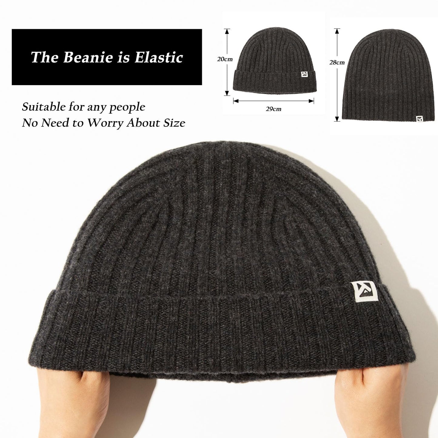 Dark Grey XL/XXL Winter Beanie 100% Merino Wool Fleece Lined Knit Cap Warm Hat for Big Head Mens Womens Cold Weather