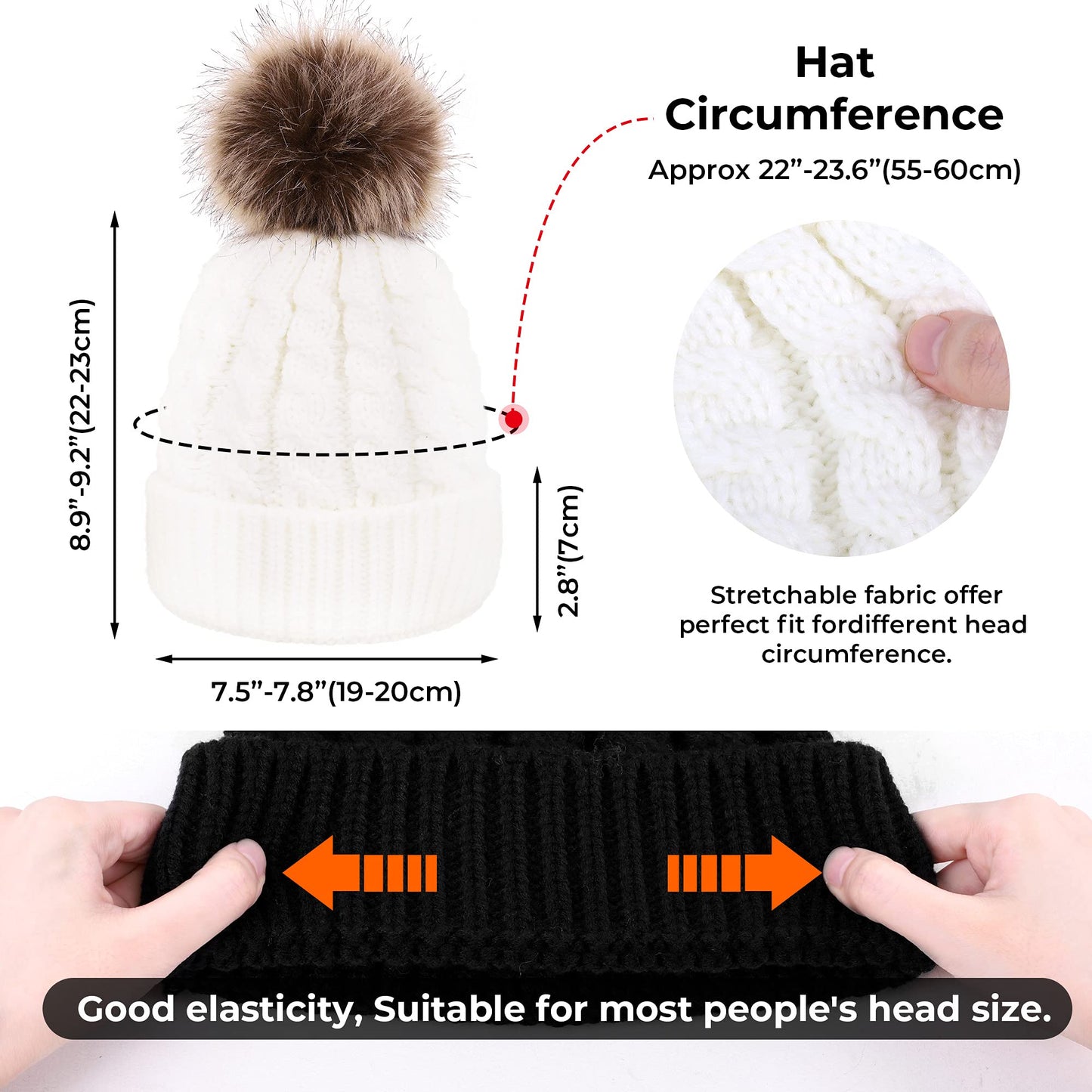 Beanie Hat Women's Winter Soft Fleece Lined Knit Pom Beanie, Lot 2_Black White