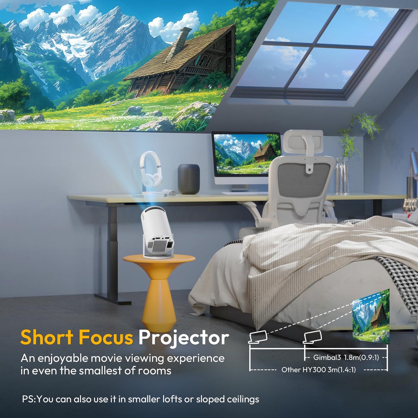 Smart Mini Projector WiFi6 Bluetooth 5.0 XGODY Gimbal 3 Protable Projector 12000L Support 4K with Android TV 11.0, Auto Keystone Correction Video Projector, 180°Rotatable Stand for Home Movie(White)