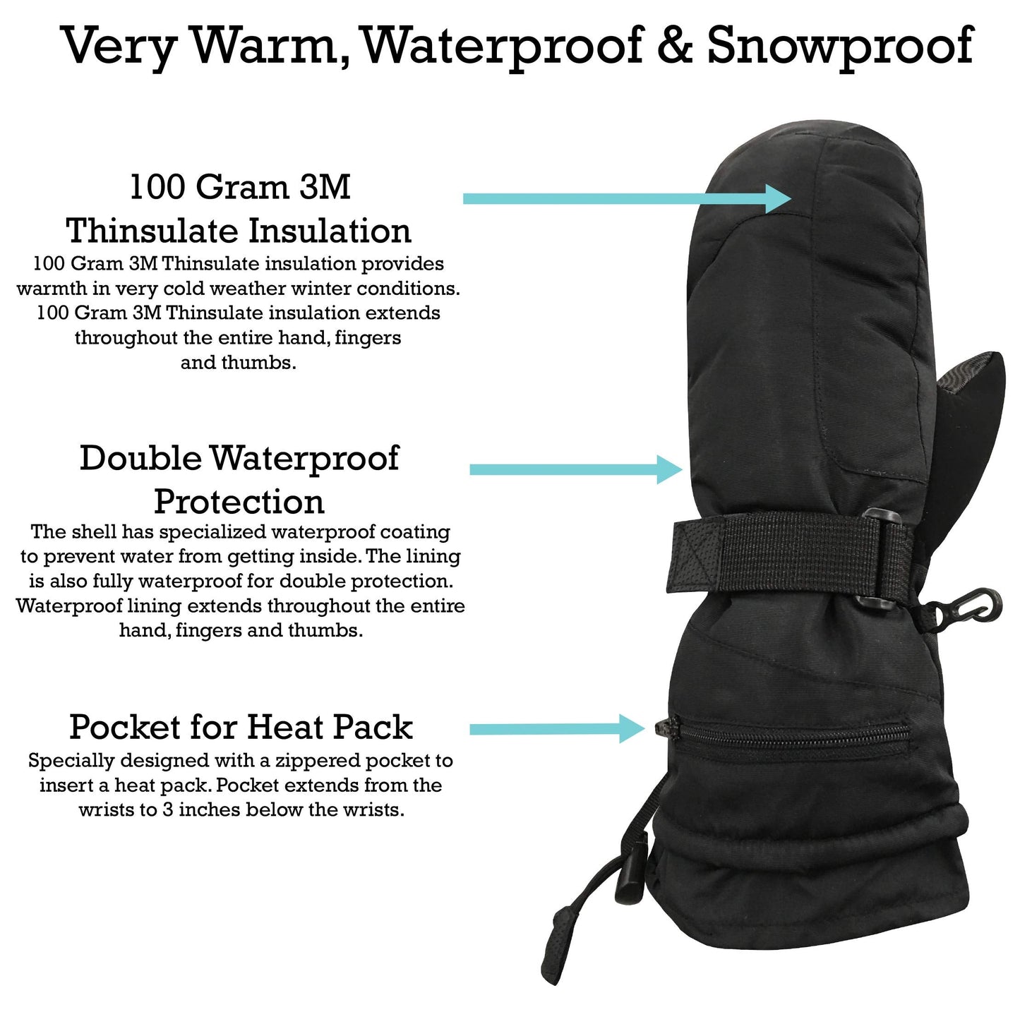 N'Ice Caps Men's Women's Waterproof Snow Mittens Gloves 100 Gram Thinsulate (Women's Large/X-Large, Mittens - Black)
