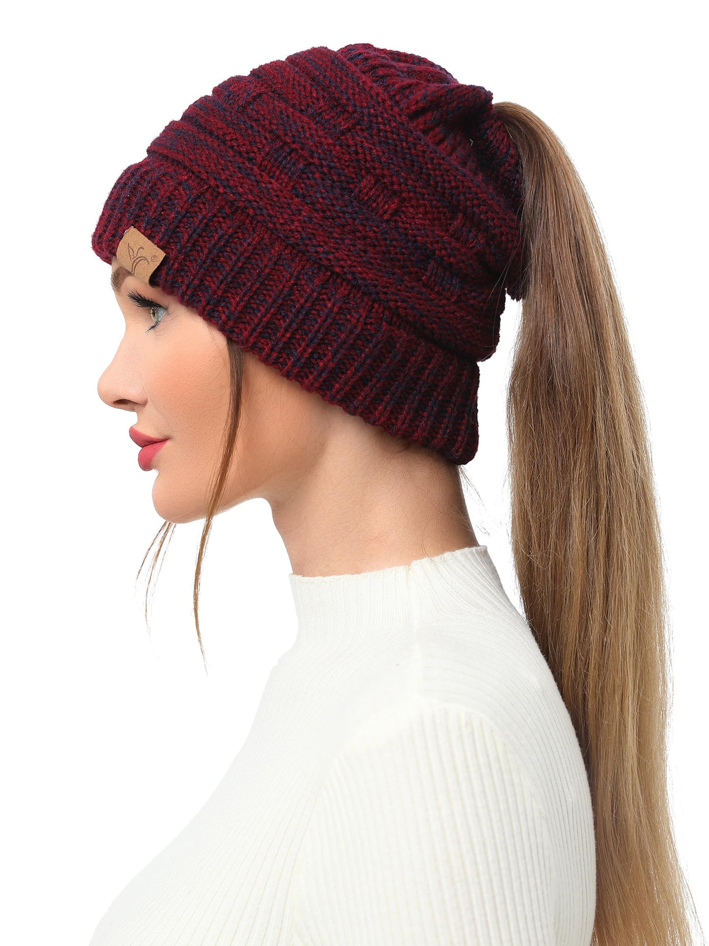 Soul Young Ponytail Messy Bun Beanie Tail Knit Hole Soft Stretch Cable Winter Hat for Women(One Size,Burgendy)