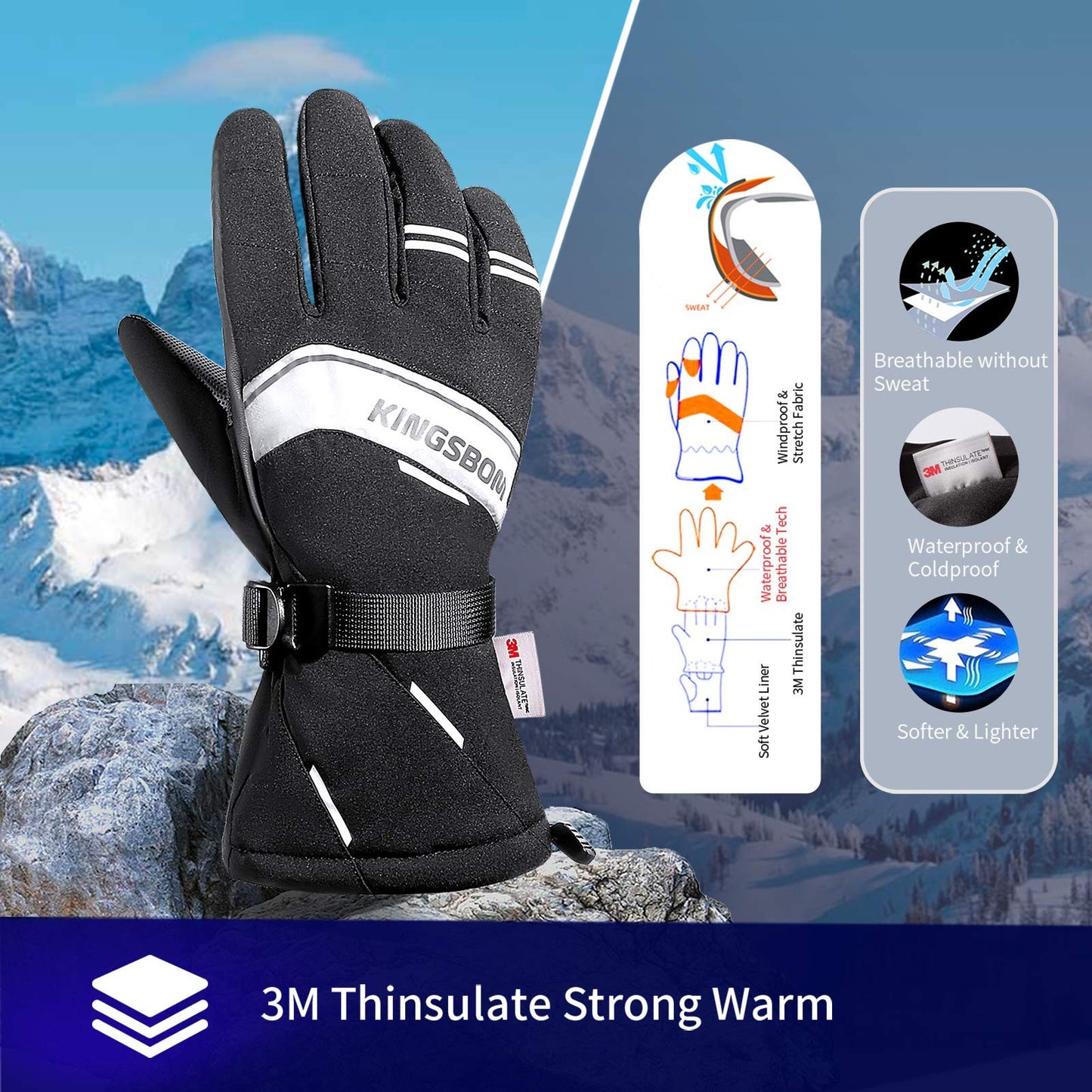 KINGSBOM Waterproof Ski & Snow Gloves, 3M Thinsulate Winter Warm Touch Screen Snowboard Gloves for Men & Women