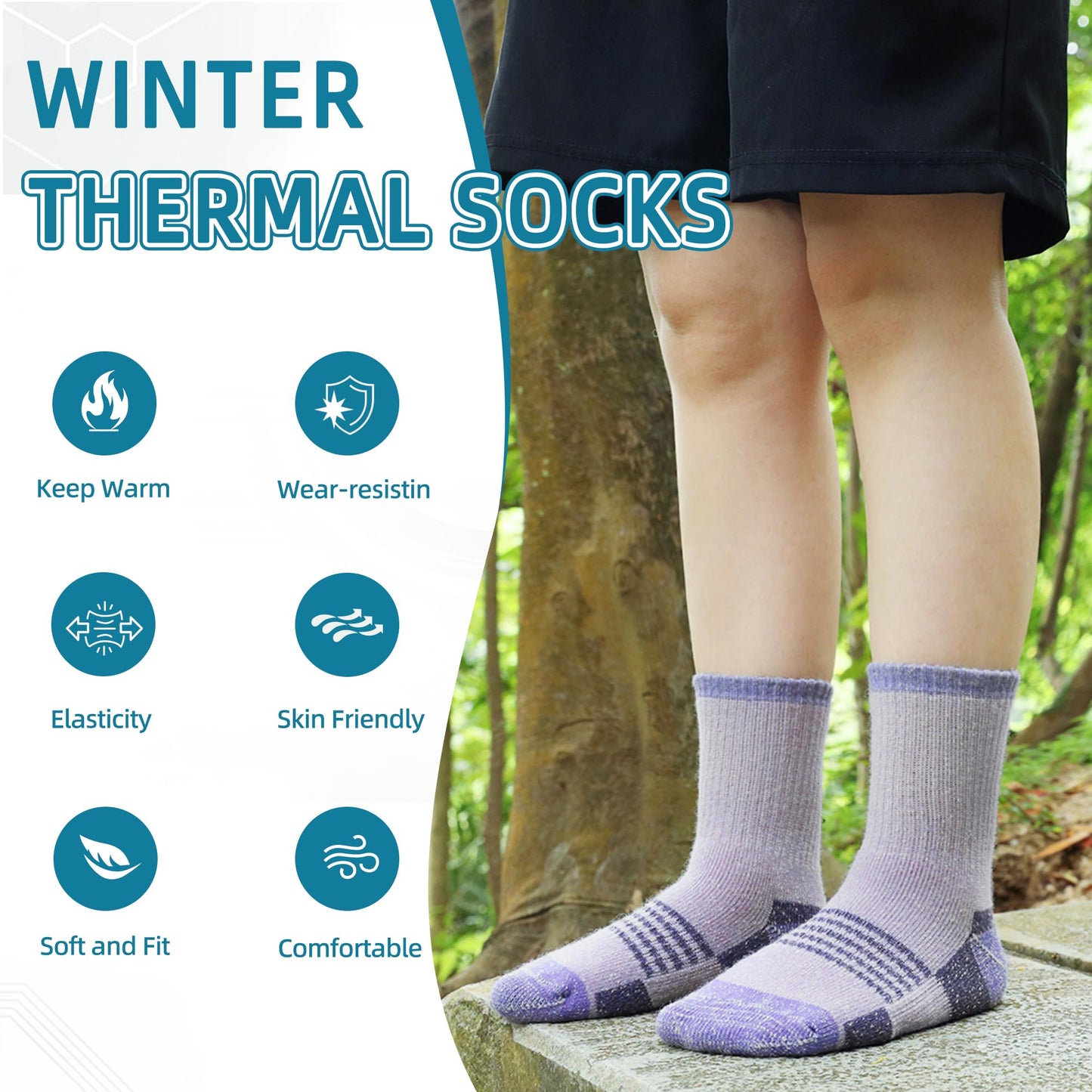 Merino Wool Hiking Socks for Kids Boy Girls Winter Warm Thermal Thick Boot Cozy Cushion Crew Socks(4 Pairs Grey/Orange/Purple/Pink, 8-12 Years)