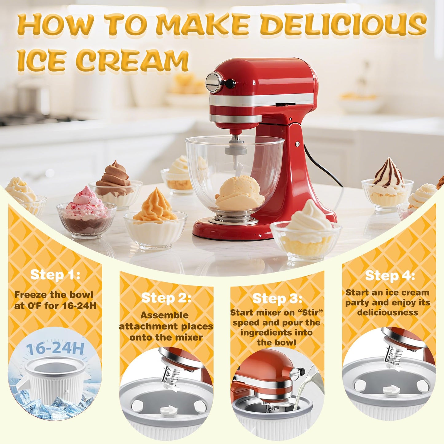 Ice Cream Maker Attachment for KitchenAid 4.5/5QT & 6QT Mixers, Frozen Ice Cream & Sorbet Gelato Maker for KitchenAid, 2 Quart, White(Machine/Mixer Not Included)