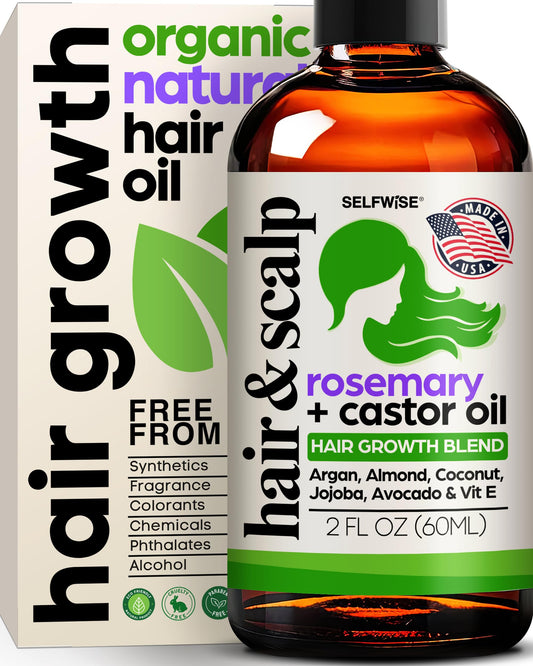 Organic Rosemary Castor Oil For Hair Growth: Enriched with Argan, Coconut, Jojoba, Vitamin E, Aloe Vera, Lavender & Peppermint for Natural Hair & Scalp Treatment for All Hair Types, Women & Men 2oz
