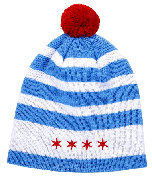 Chicago Flag Beanie Cap Winter Hat (Pom Pon)