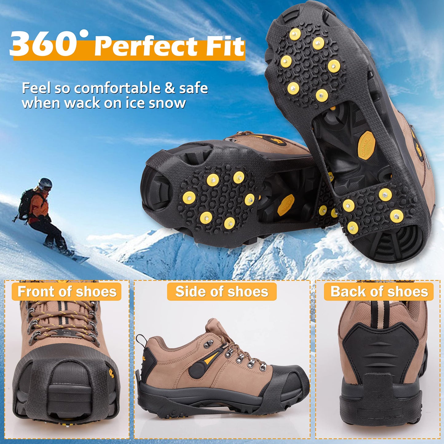 Ice Cleats Snow Traction Cleats Crampons for Shoes and Boots Anti Slip Rubber Snow Cleats Overshoe Footwear Protable Grippers for Walking on Snow and Ice Men Women Hiking Climbing Ice Fishing