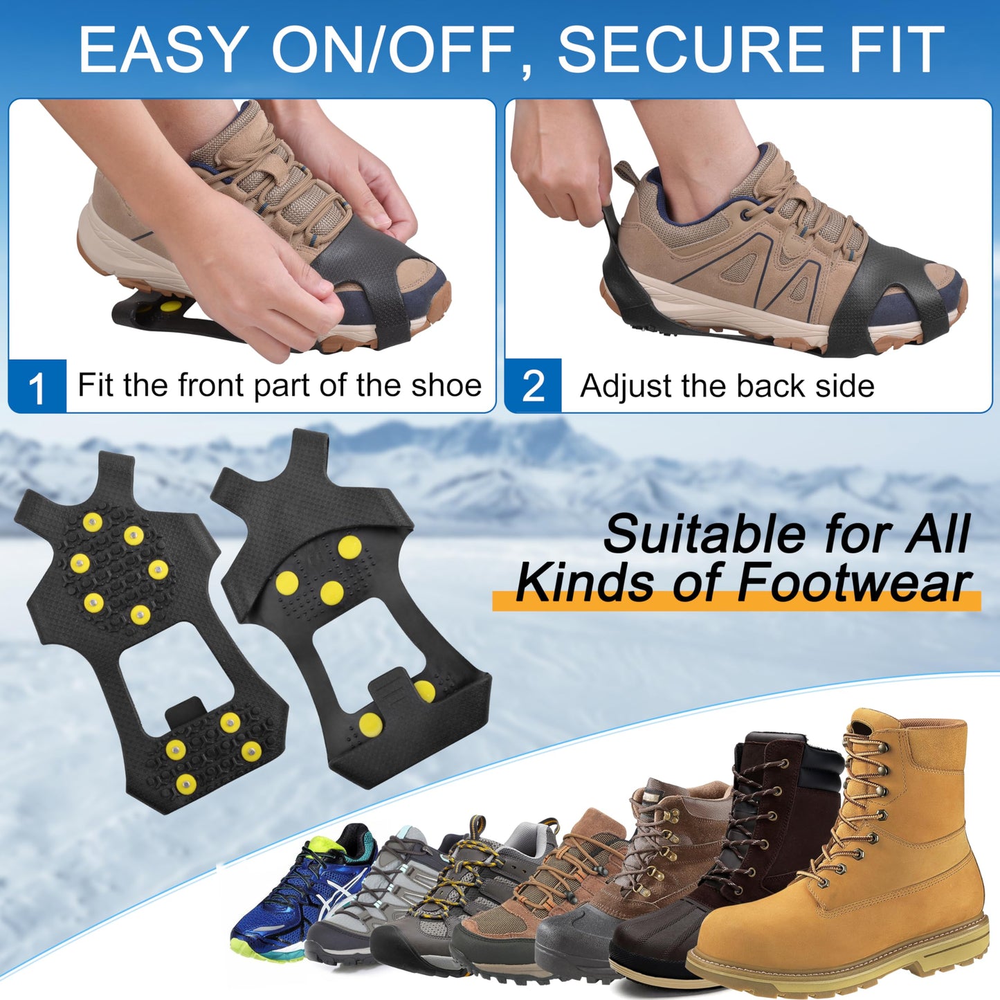 Ice Cleats Snow Traction Cleats, 10-Studs Walk Traction Cleats Crampons for Walking on Snow and Ice Anti Slip Rubber Walking Cleats Slip-on Stretch Footwear for Women Men Kids (Size XL)