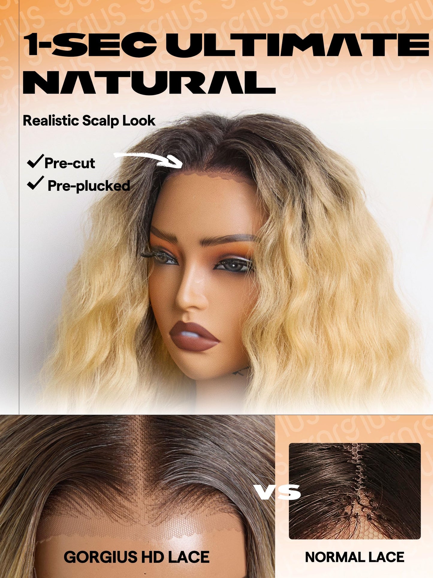 GORGIUS Ombre Blonde Lace Front Wigs Glueless Ocean Wave Long Wig Upgraded with Premium Synthetic Fiber Pre Cut Pre Plucked Natural Hairline
