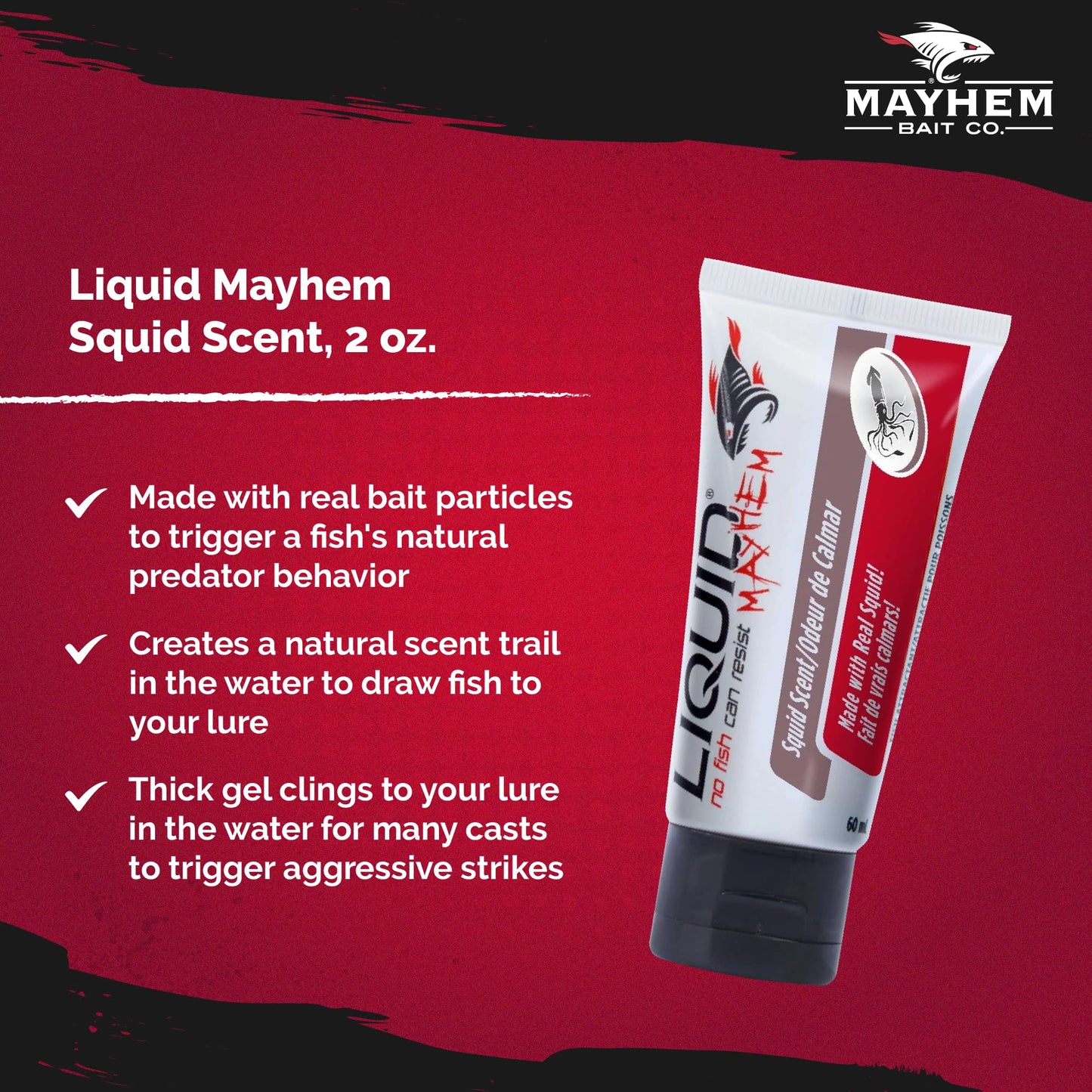Liquid Mayhem Squid Scent Saltwater Series Fish Attractant Scent Gel Made with Real Bait Particles - Fish Bite and Hold On Longer - Apply to Lures, Jigs, Flashers, Plastics, Plugs