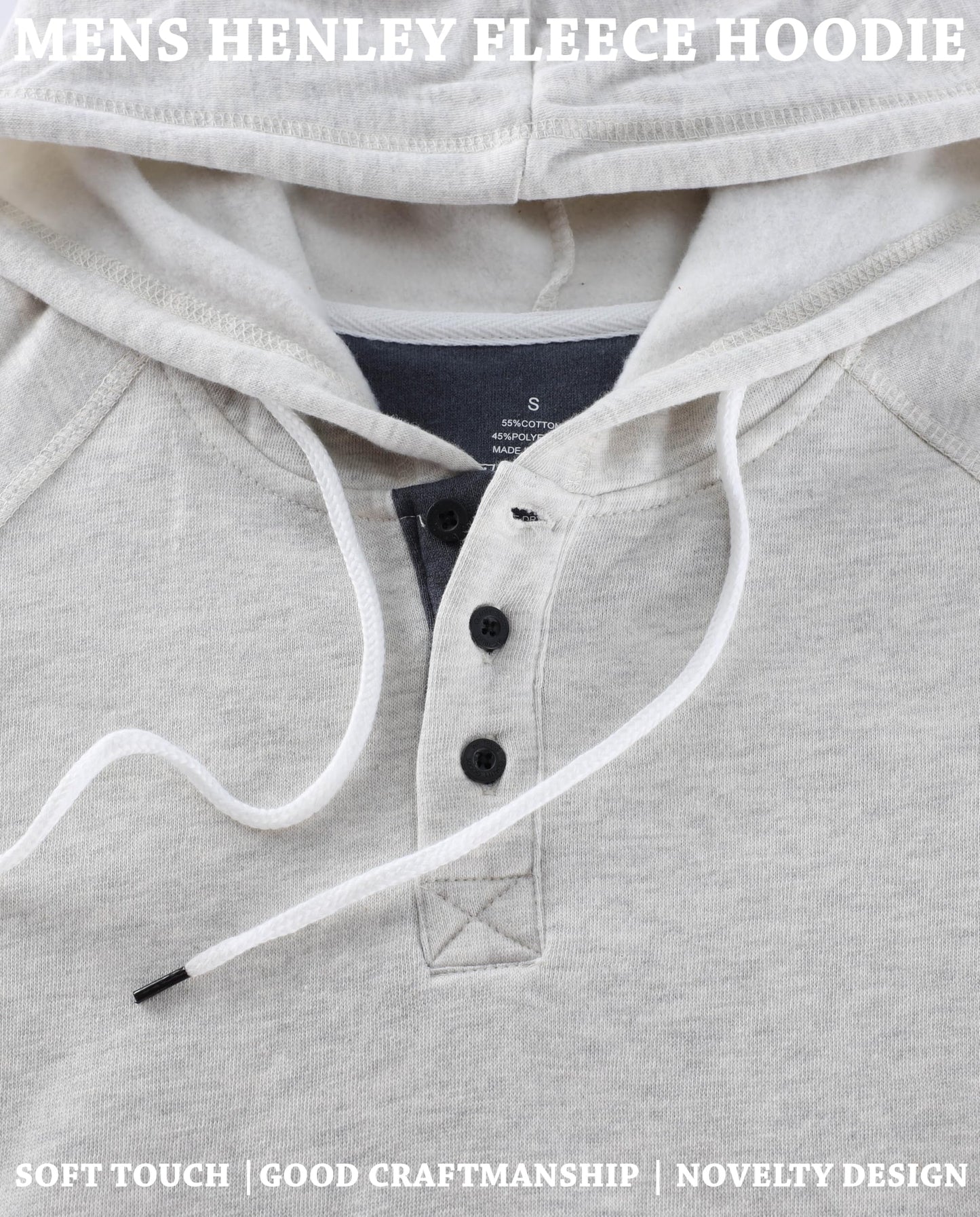 Demucy Mens Hoodies Casual Long Sleeve Cotton Sweatshirt Fashion Drawstring Pullover Henley Shirts with Kanga Pocket OATMEAL/DARK BLUE XL