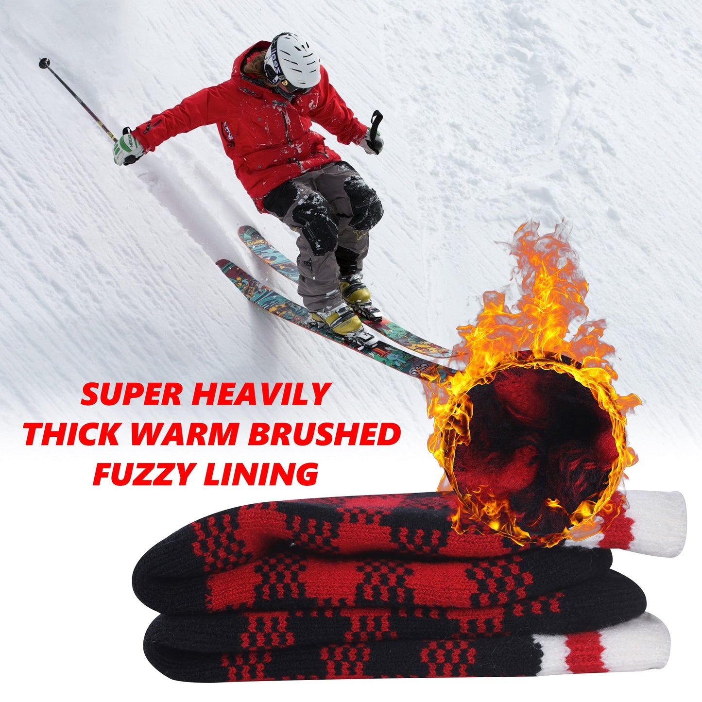 Hissox Thermal Socks For Women, Winter Insulated Heat Socks Cold Weather Hiking Skiing Snowboarding Warm Winter Crew Socks Mens Thermal Socks Thanksgiving 2 Packs, Red Grid, M
