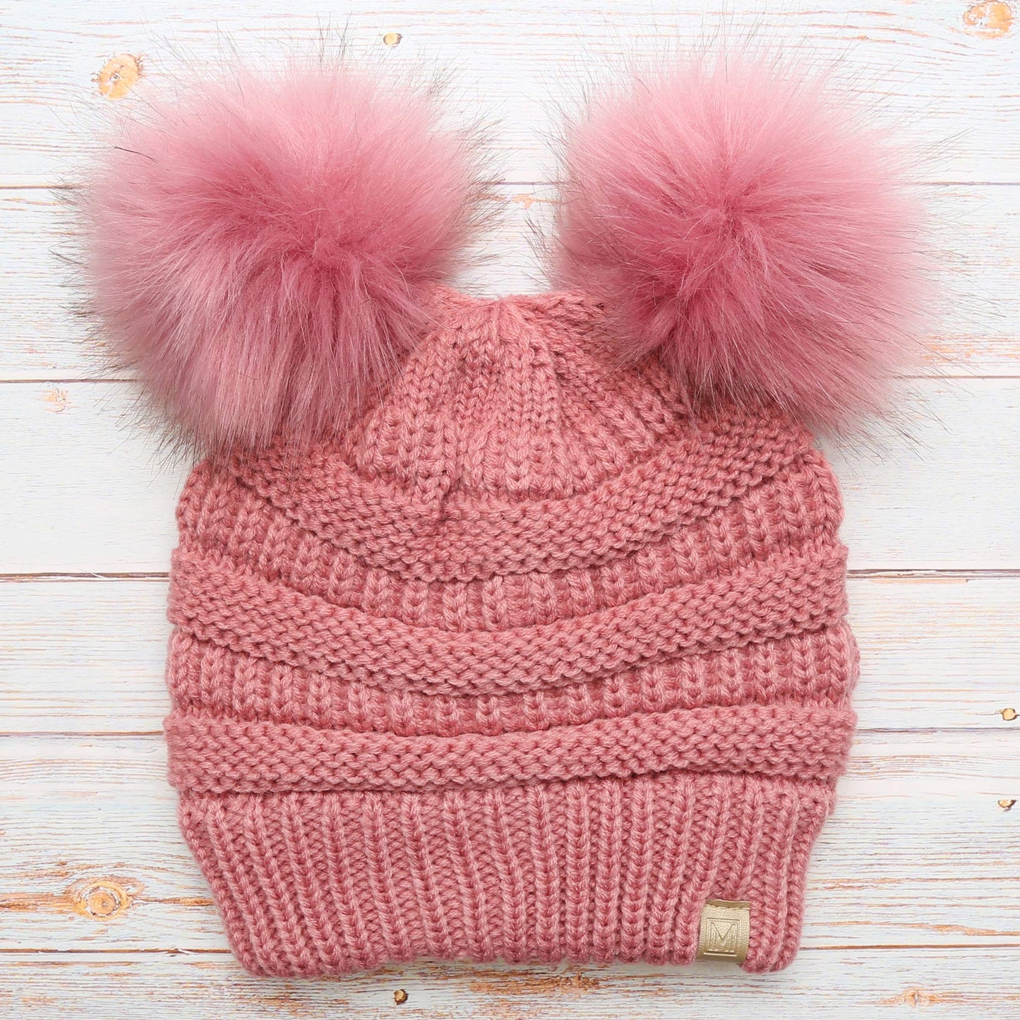 MIRMARU Kids Boys & Girls Winter Soft Warm Knitted Beanie Hat with Faux Fur Pom Pom for Ages 7-12 (Double Pom - Dusty Pink)
