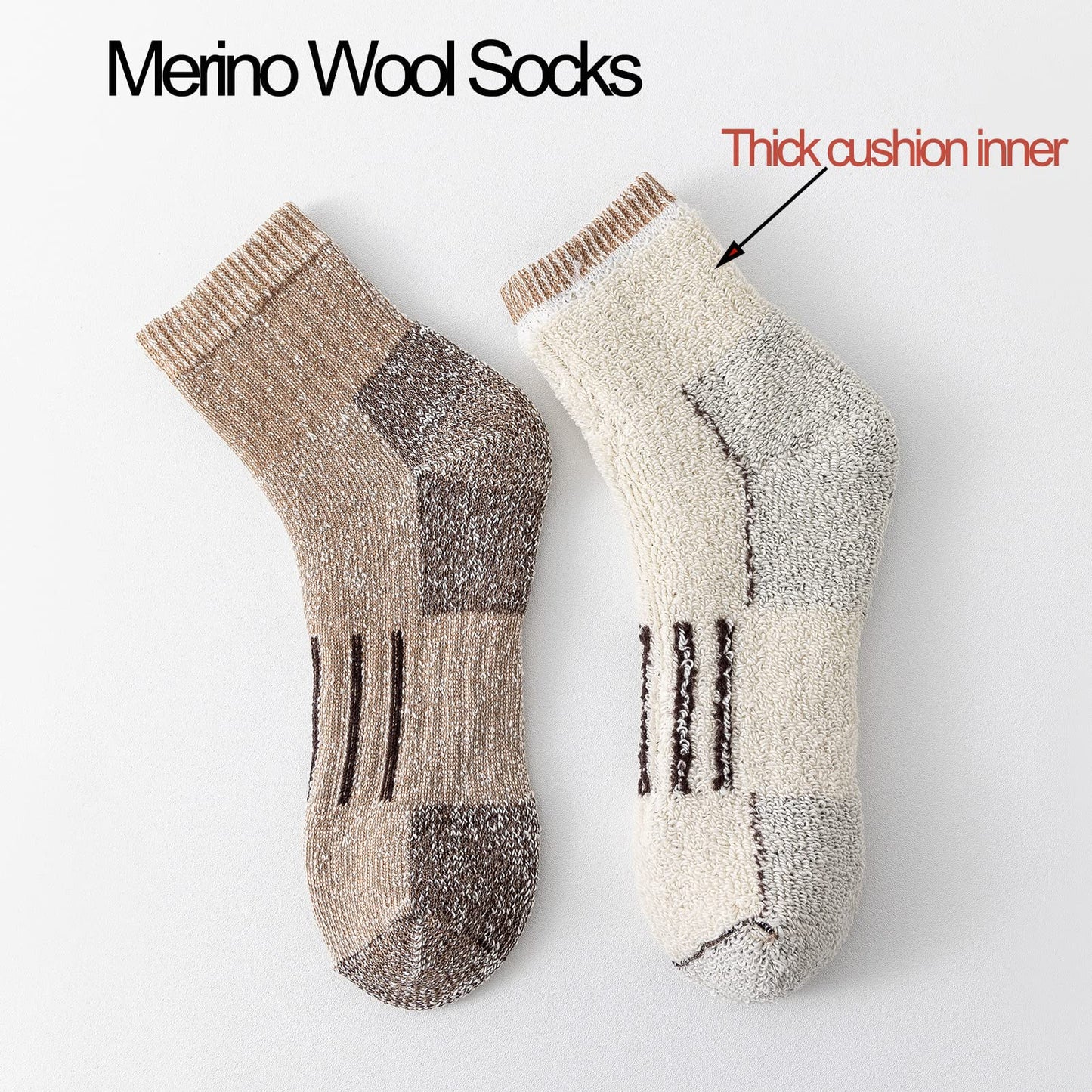 JORMATT Merino Wool Ankle Hiking Socks Men Outdoor Women Low Cut Camping Thermal Warm Cushioned Quarter Sock 3 Pairs, Mens Shoe Size 7-12