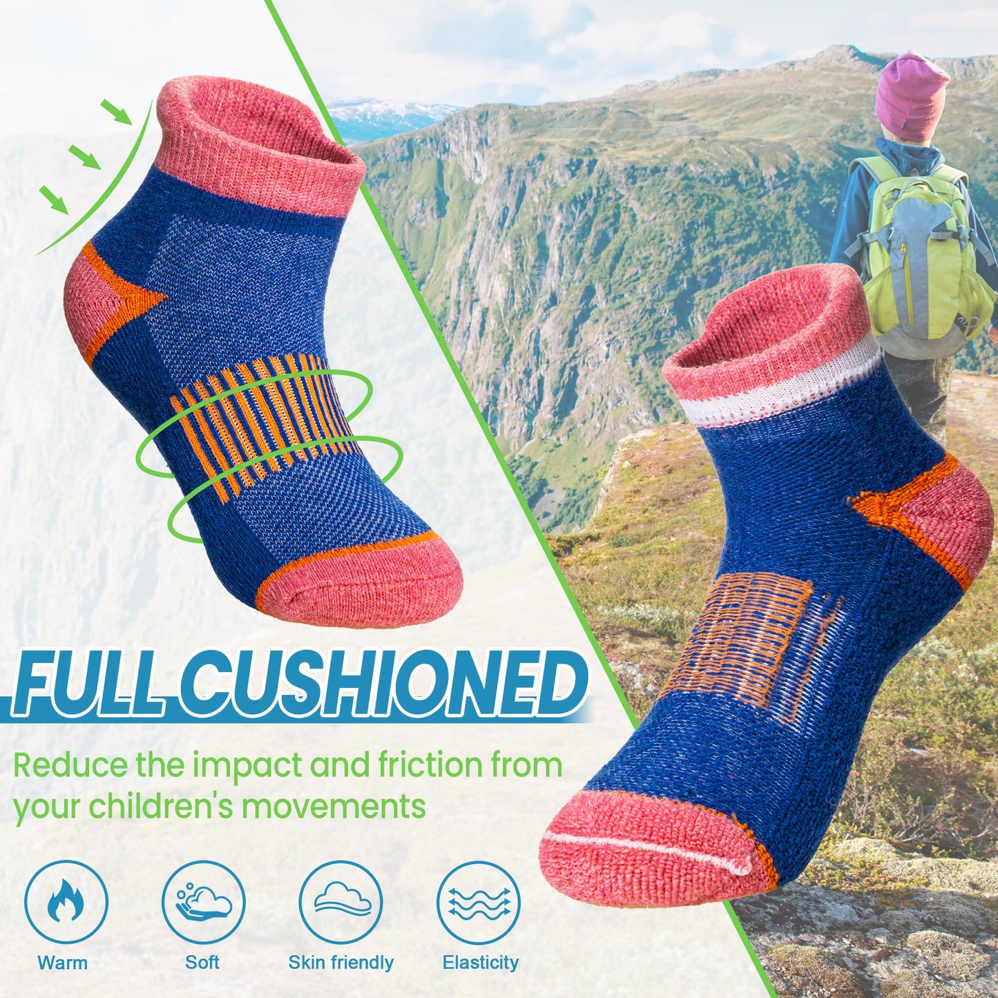 WEVIAS Kids Merino Wool Ankle Socks Boys Girls Hiking Athletic Thermal Running Winter Warm Cozy Teen No Show Socks 6 Pairs (6 Pairs Mix Color A, 8-12 Years)
