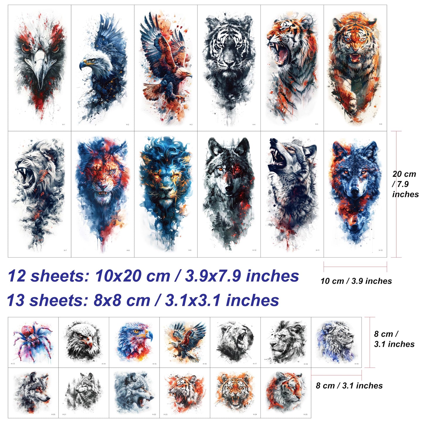 Everjoy 25 Sheets Tough Beast Temporary Tattoo Stickers, 12 Sheets Large Arm Watercolor Animals Fake Tattoos, 13 Pcs Small Animals Tattoo Stickers For Men and Women