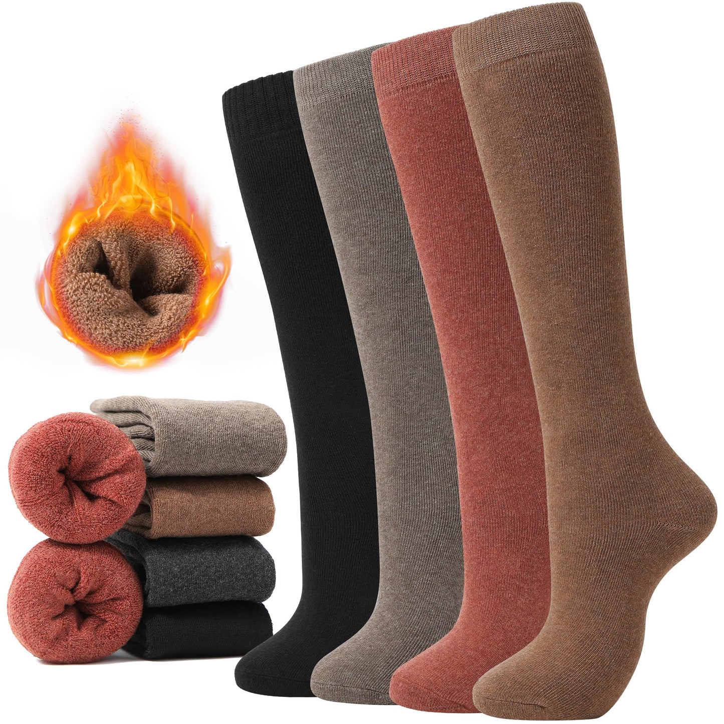 MIREAZW Warm Knee High Socks for Women,4 Pairs Cotton Thermal Socks for Skiing Hiking Gifts Boot Socks for Winter Mixed color01