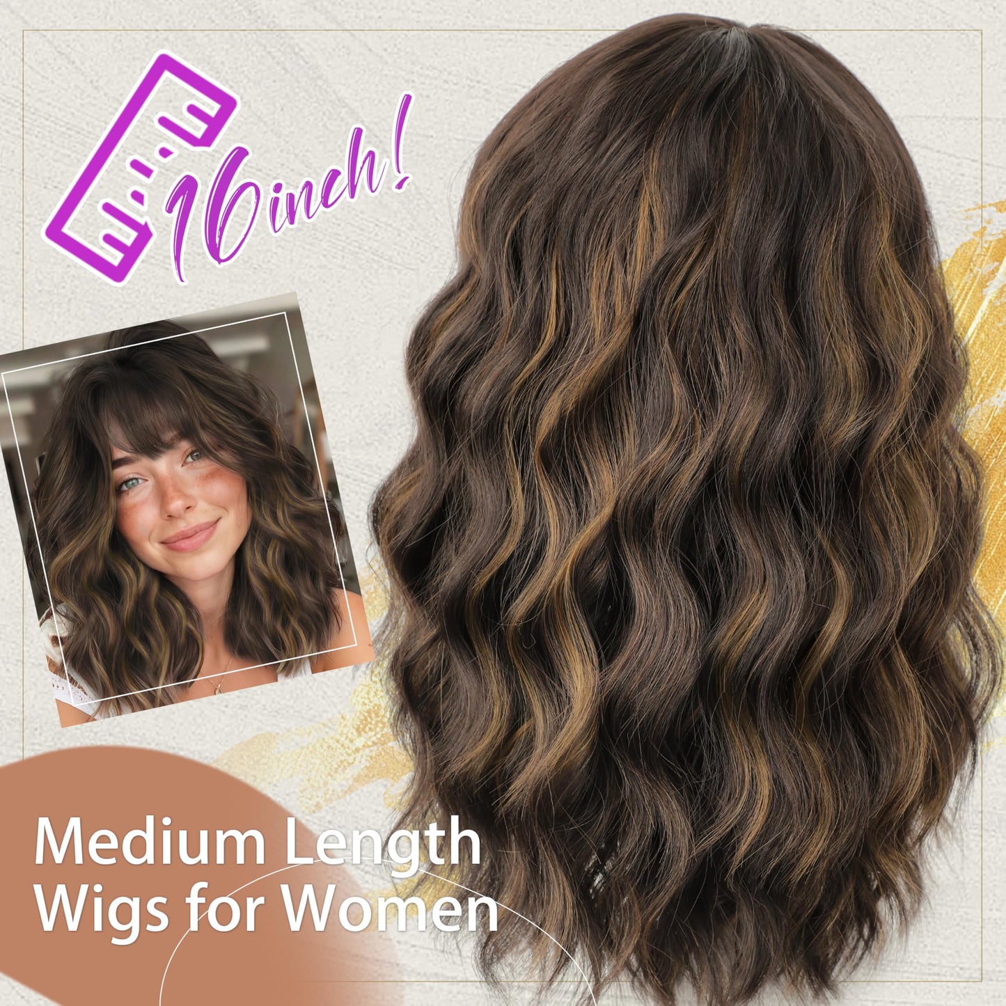 Nnzes Wig with Bangs for Women Shoulder Length Bob Wavy Women's Charming Synthetic Dark Brown mixed blonde highlight Wigs with Natural Curly Heat Resistant Hair for Daily Party Use