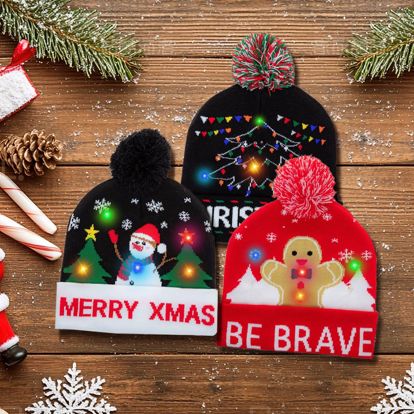 JAZGROM 4 Pack LED Light up Christmas Beanie Hats Xmas Knitted Hat Unisex Winter Hat Flashing Knit Cap Party Hat for Men Women Holiday Party Supplies (Battery Included)