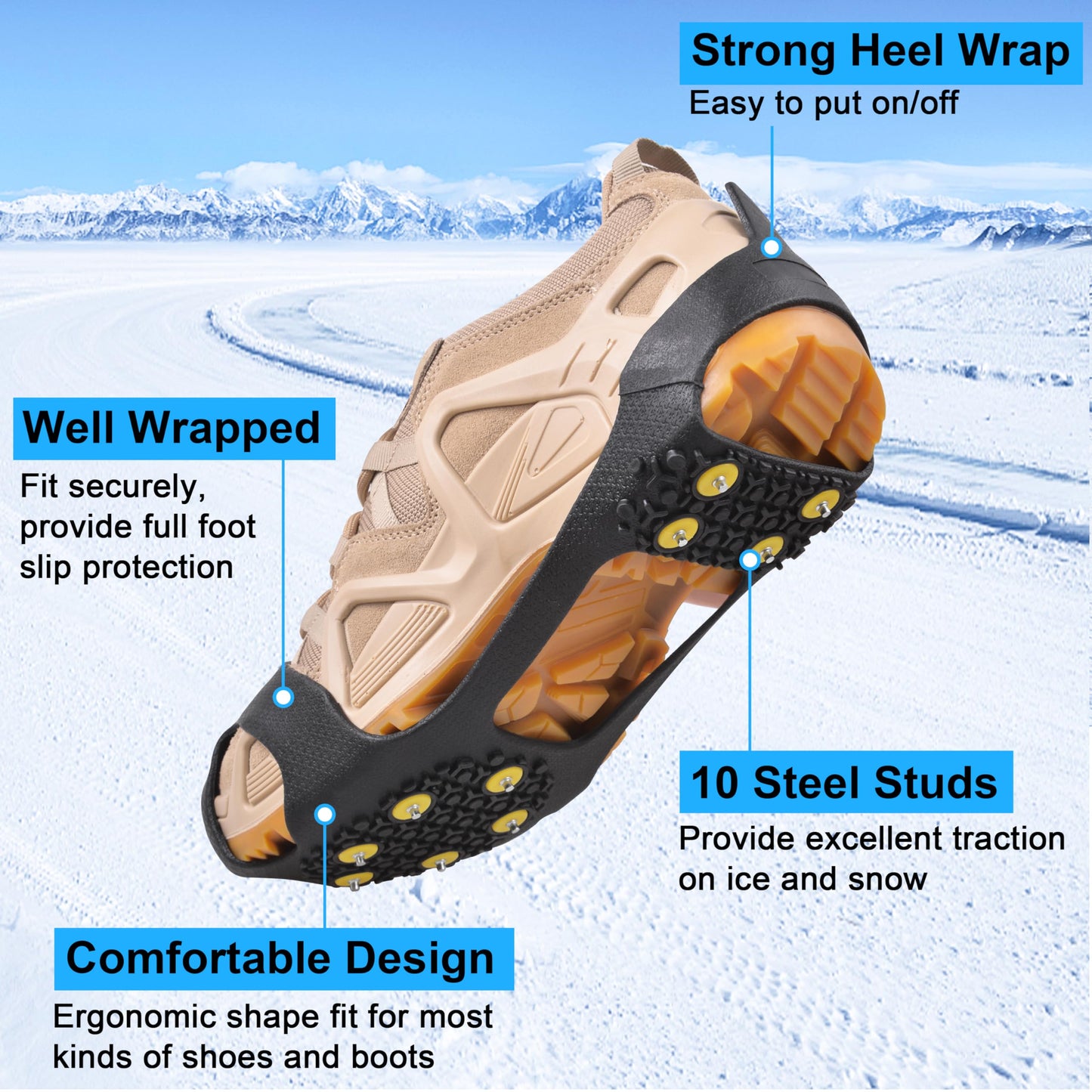 Ice Cleats for Shoes and Boots Ice Snow Grippers Anti-Slip Crampons 10 Studs Traction Cleat for Women Men Kids Hiking Fishing Walking Running Jogging