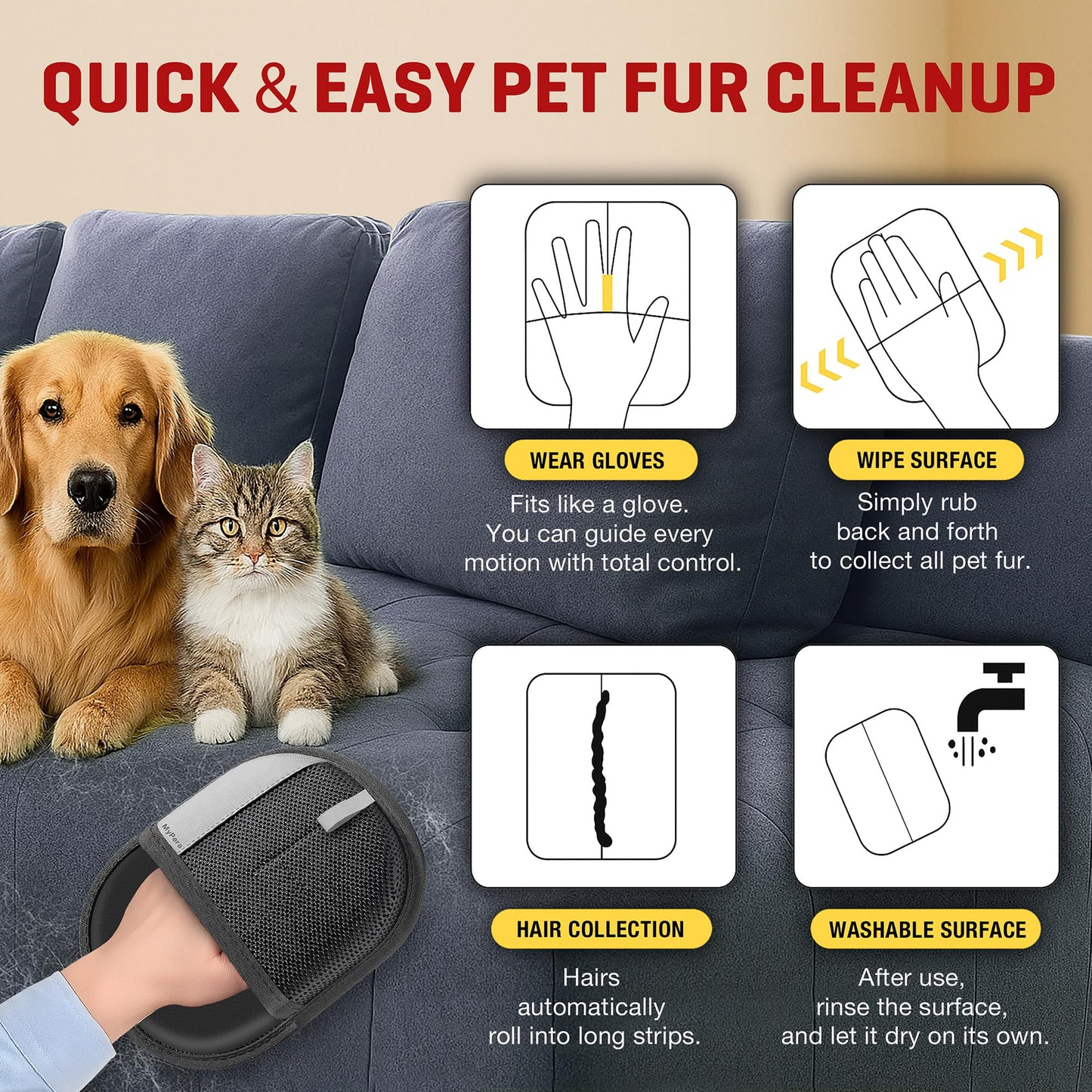MyPera Pet Hair Remover Gloves for Cats & Dogs, Electrostatic Pet Hair Removal Gloves Brush for Pets Hair, Upgraded Animal Fur Removal Tool, Reusable Cats & Dogs Grooming Gloves for Hair Removal (1)