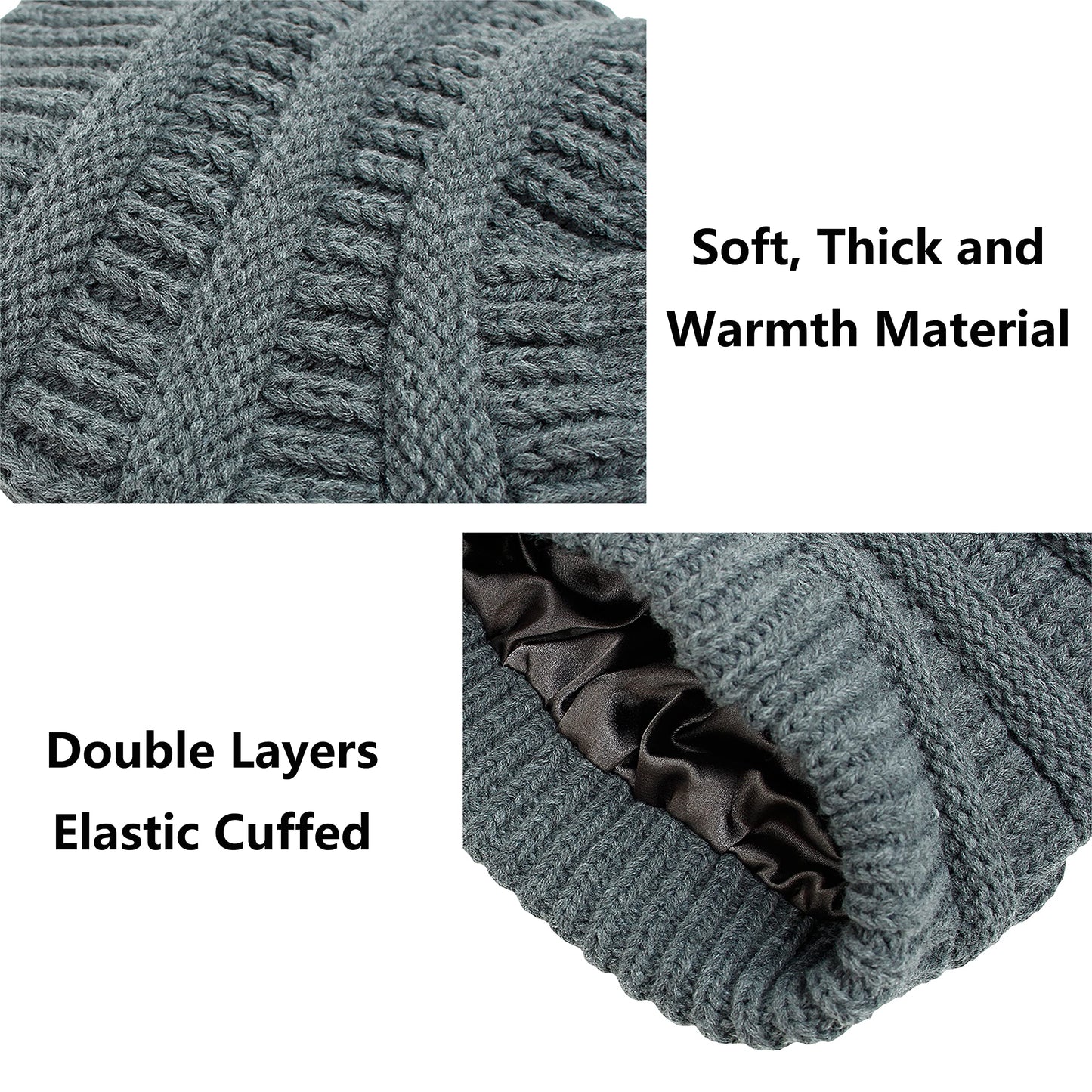 Muryobao Womens Winter Warm Knitted Hat Satin Silk Lined Cable Knit Beanie Chunky Slouchy Skull Cap Dark Grey