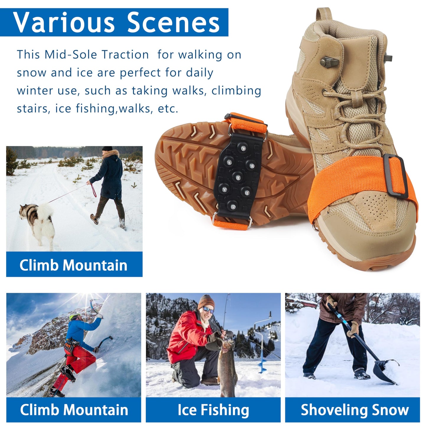 Ice Cleats Mid-Sole Snow Traction Cleats for Shoes and Boots Non-Slip Crampon with 7 Tungsten Studs Adjustable Straps for Secure Grip Snow Cleats for Winter Walking on Snow Ice Jogging Hiking (2Pairs)