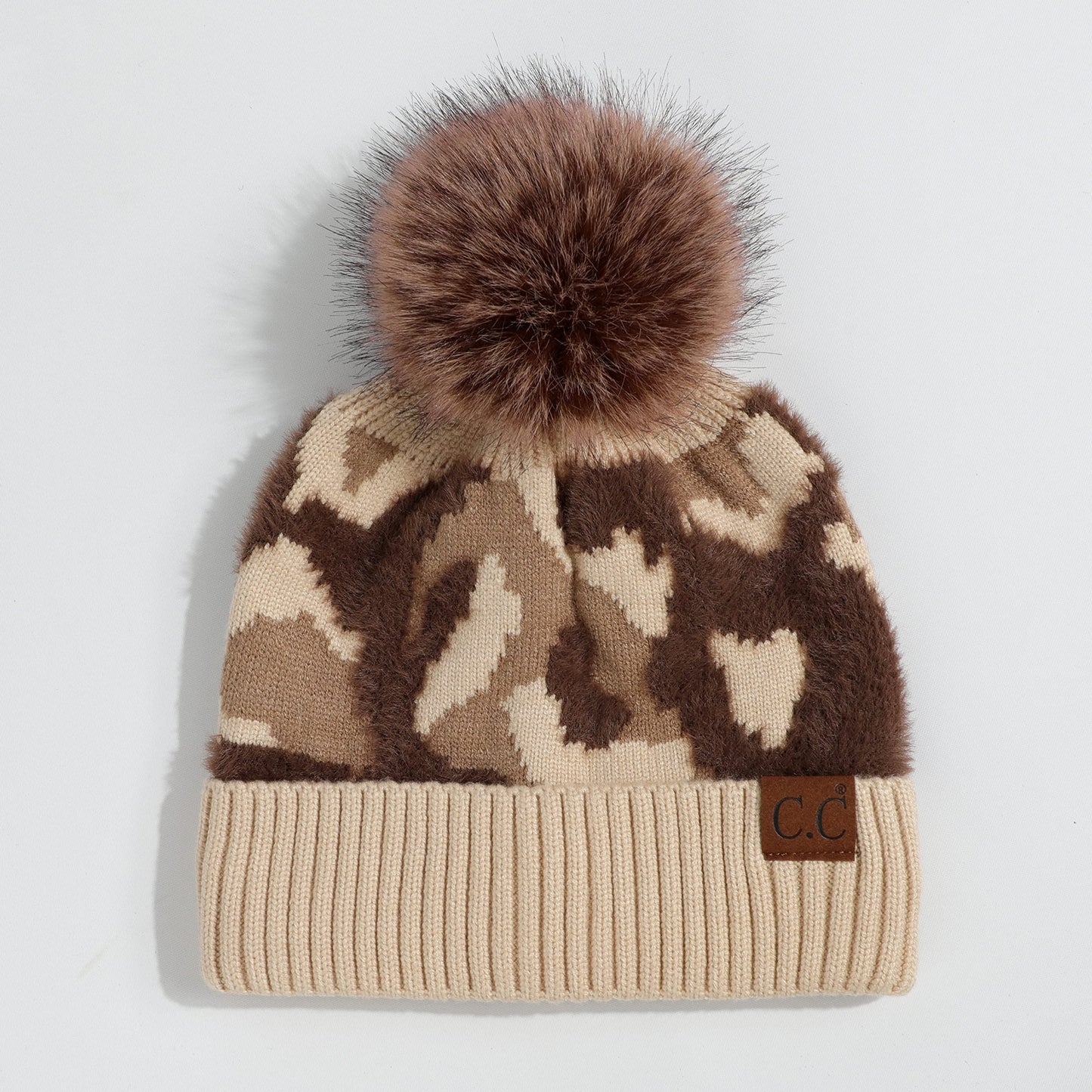C.C Exclusives Abstract Camo Print Beanie hat with Faux Fur Pom (HAT-4005) Camo-Beige