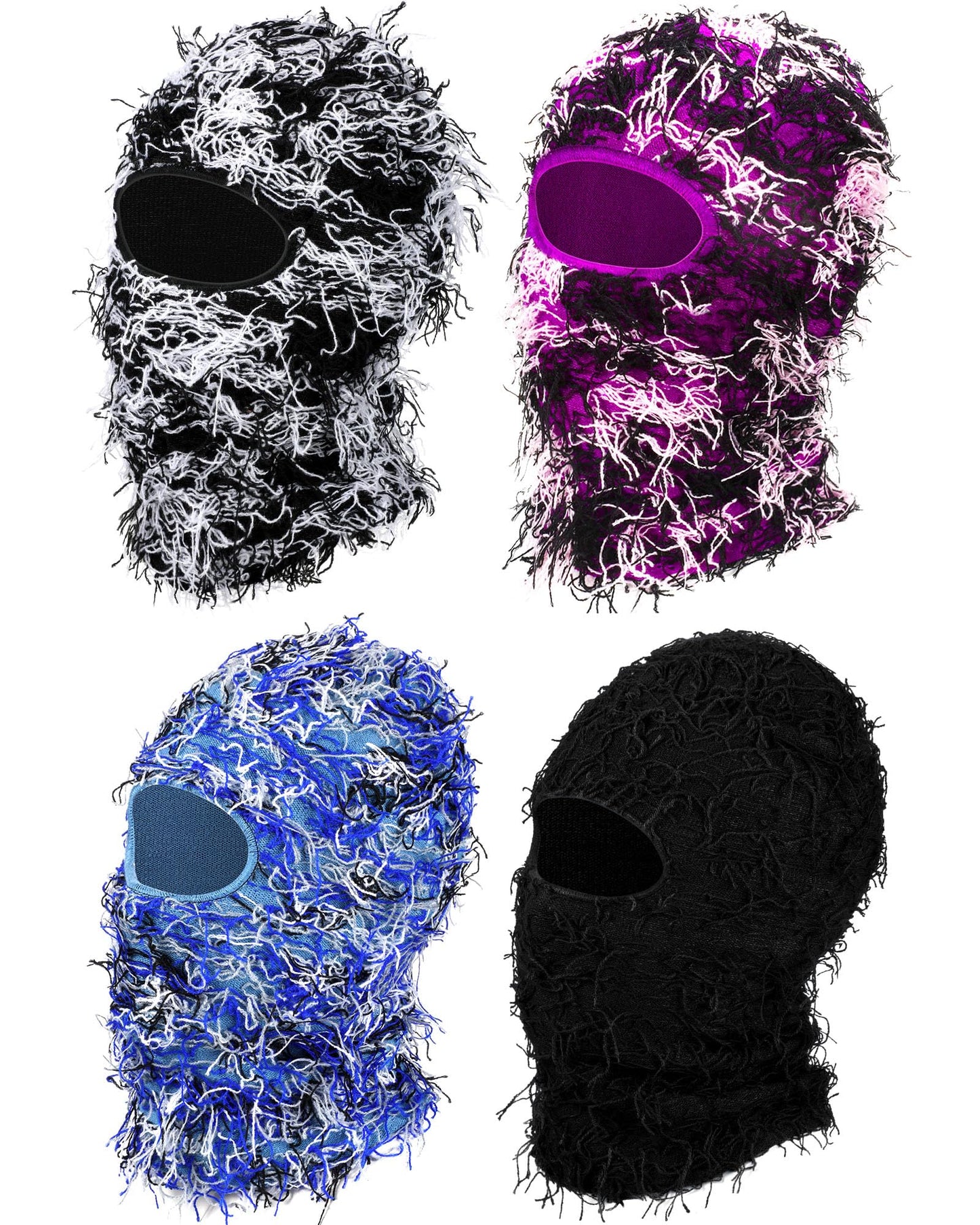 Panitay 4 Pcs Men Distressed Balaclava Winter Trending Ski Masks Women Wind Proof Furry Distress Face Mask (Main Black,White)