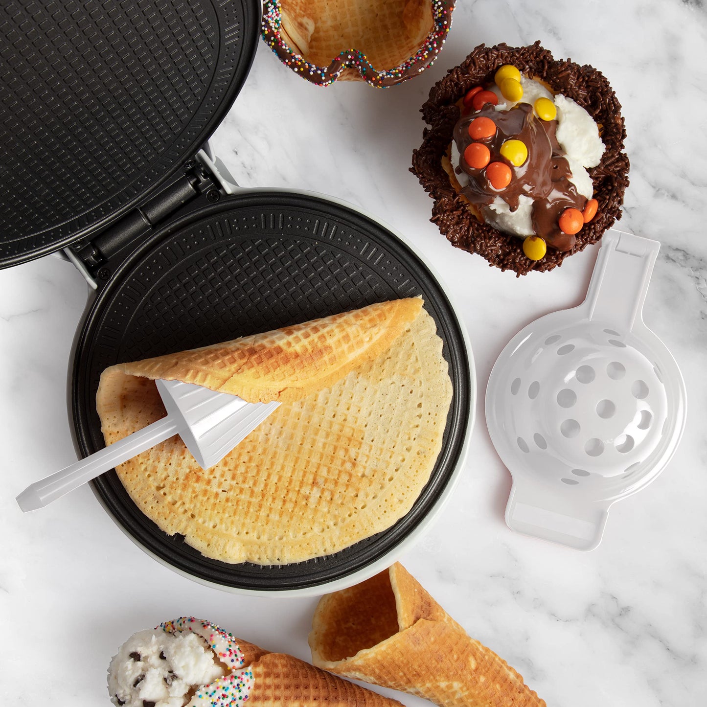 Waffle Cone and Bowl Maker for Homemade Ice Cream Cones- Includes Shaper Roller & Bowl Press- Electric Nonstick Waffler Iron Machine for Sundaes or DIY Dessert, Summer BBQ Gift Treat for Kids Adults