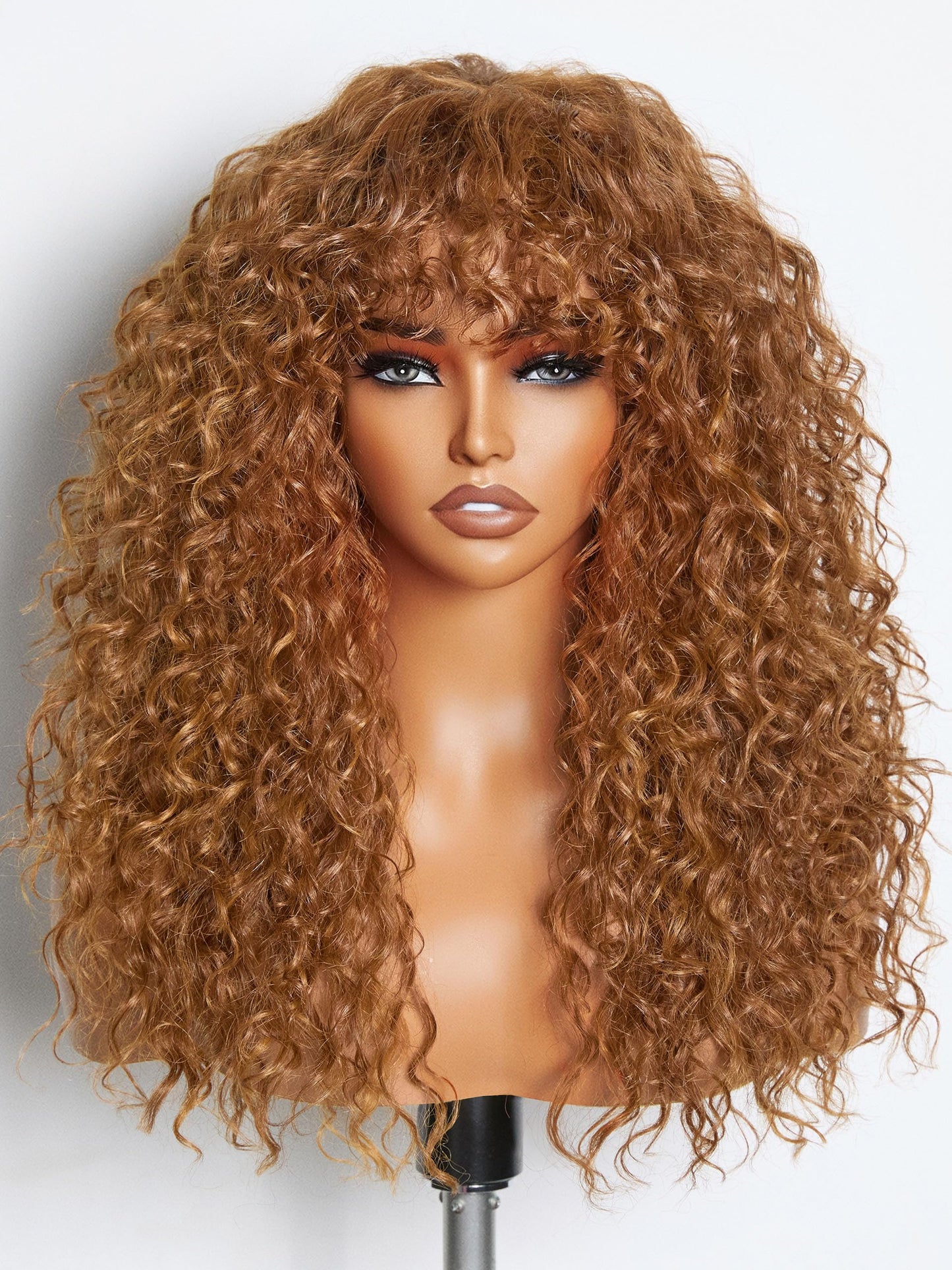 GORGIUS Curly Wig with Bangs Cinnamon Brown Shaggy Curl Glueless Bang Wig with True Scalp Upgraded with Natural Human-Hair-Like Premium Synthetic Fiber