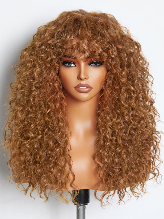 GORGIUS Curly Wig with Bangs Cinnamon Brown Shaggy Curl Glueless Bang Wig with True Scalp Upgraded with Natural Human-Hair-Like Premium Synthetic Fiber